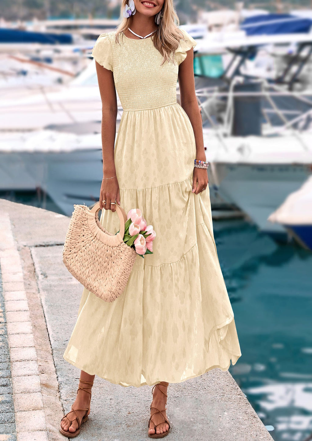 PRETTYGARDEN Wedding Guest Dresses for Women Summer Floral Cap Sleeve Smocked A Line Long Elegant Party Boho Dress