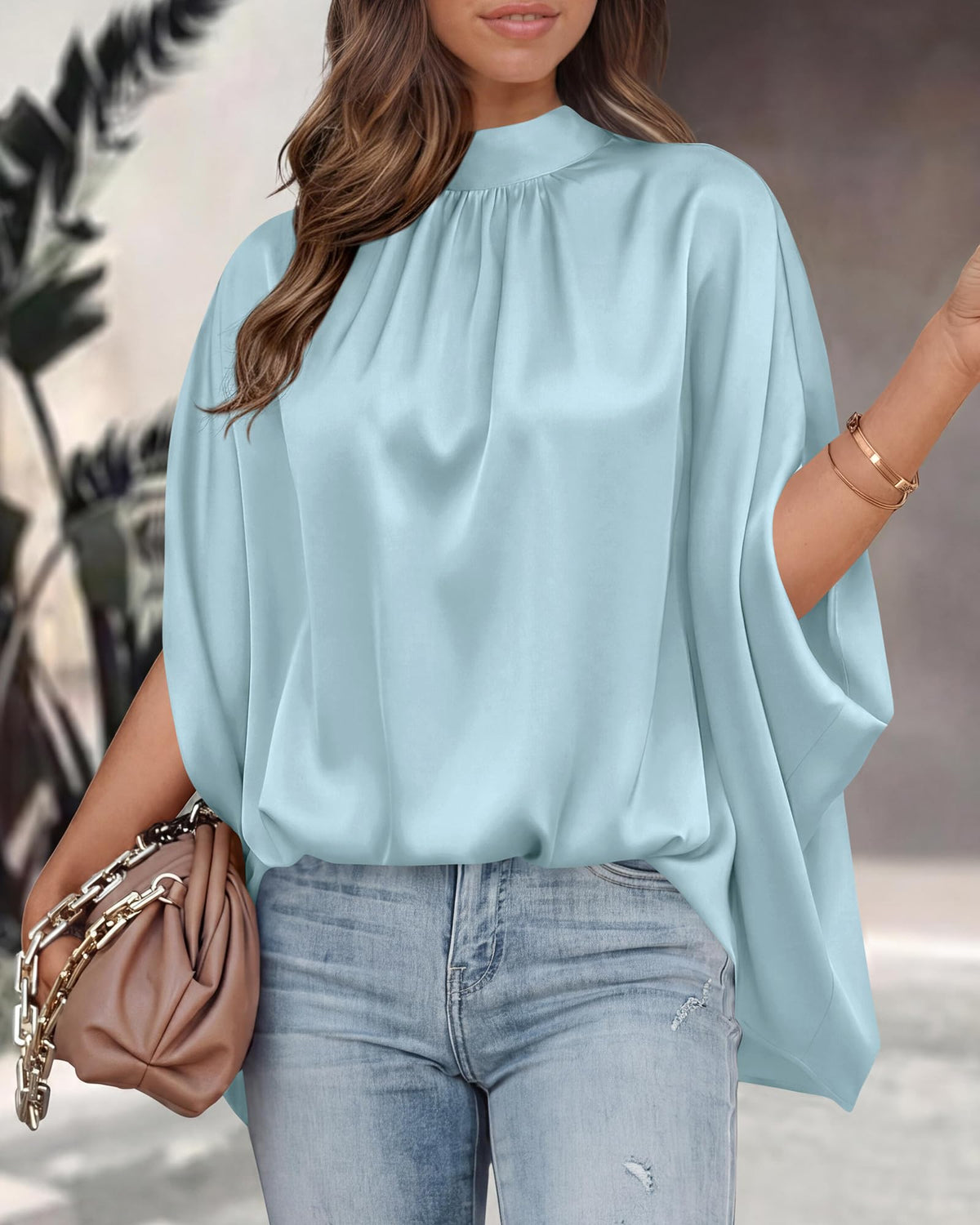 BTFBM Womens Summer Tops Mock Neck Batwing Sleeve Silk Satin Shirts Loose Oversized Dressy Casual Spring Blouses