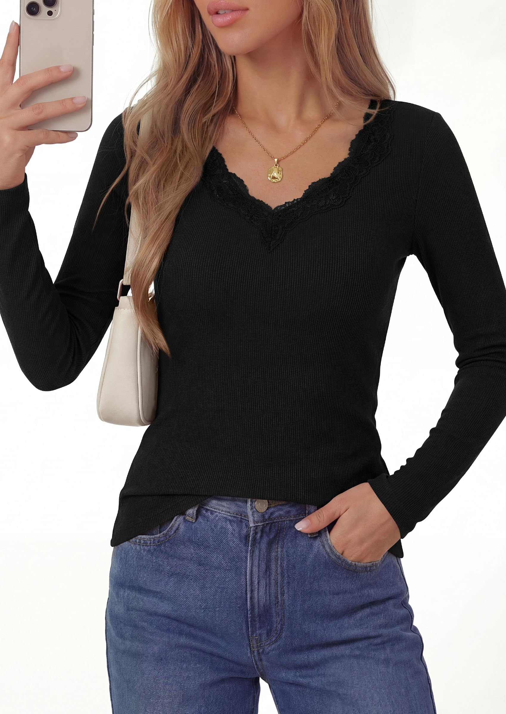 PRETTYGARDEN Women's Fall Trendy Bell Long Sleeve Tops | Soft Stretchy,Ribbed Textured,V Neck,Slim Fitted Shirts,Ruched Basic Tees,Y2K Going Out,Casual Outfits,Fashion Clothing