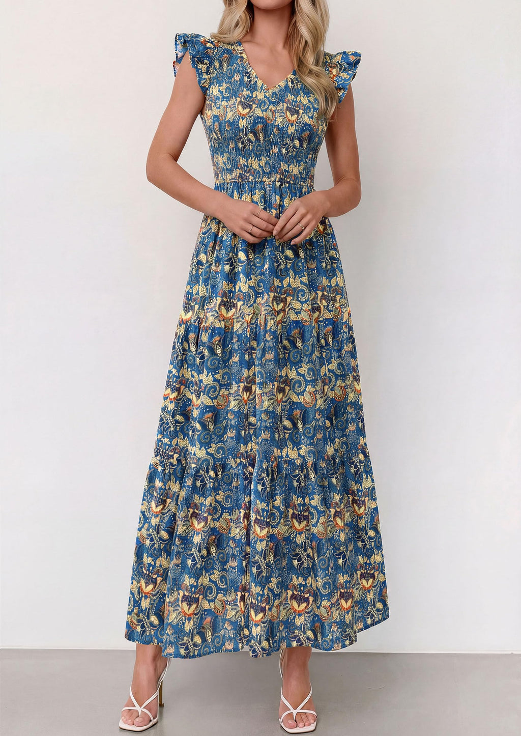 PRETTYGARDEN Women's Boho Floral Maxi Dress Summer Smocked V Neck Ruffle Sleeve Spring Flowy Beach Vacation Sundresses