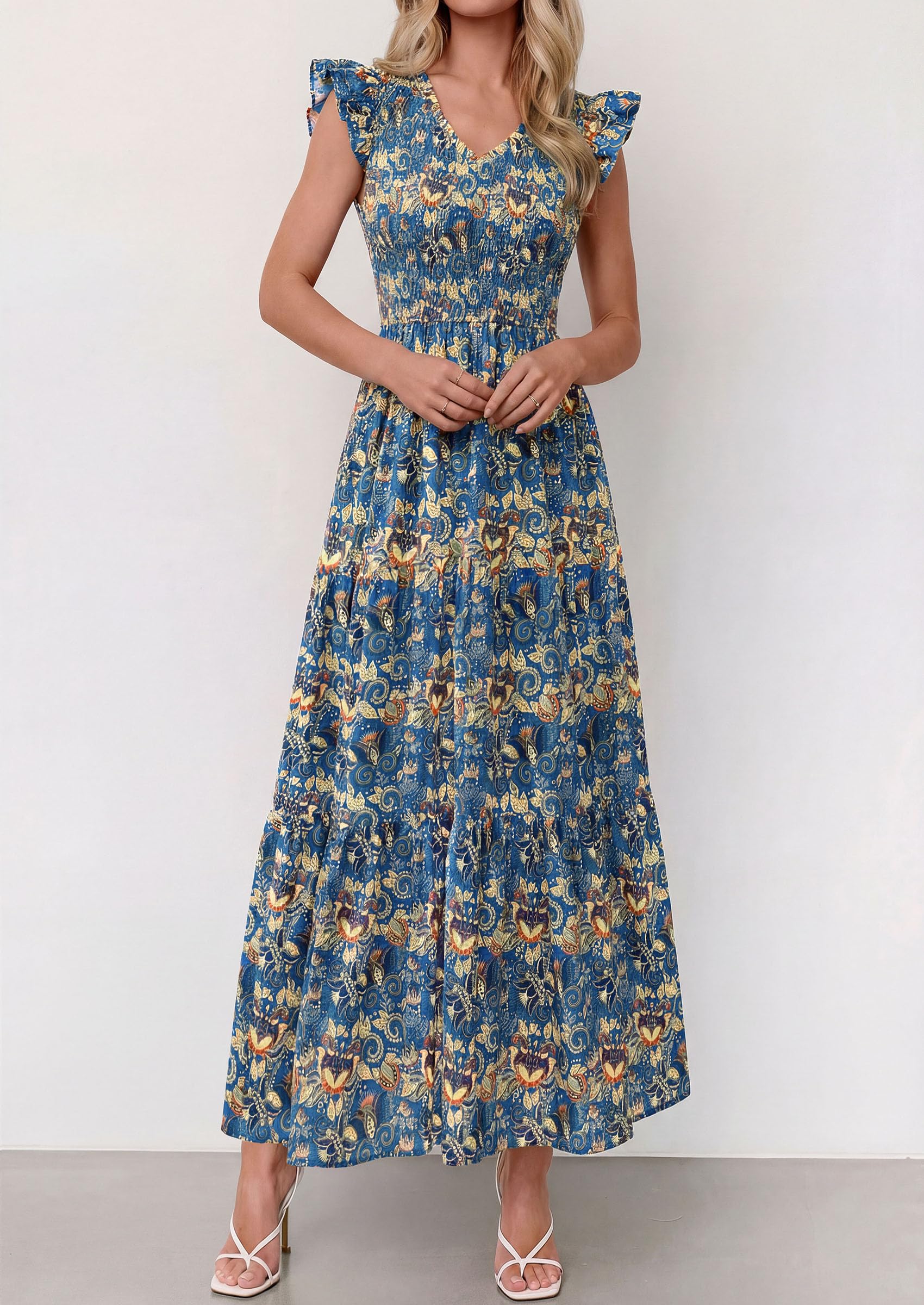 PRETTYGARDEN Women's Boho Floral Maxi Dress Summer Smocked V Neck Ruffle Sleeve Spring Flowy Beach Vacation Sundresses