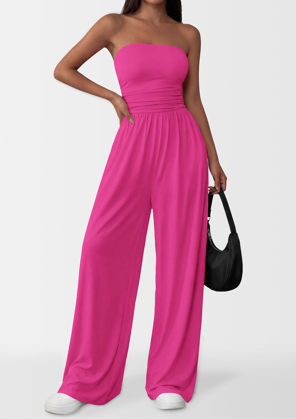 PRETTYGARDEN Womens Trendy Strapless Rompers Ruched Tube Top Wide Leg One Piece Jumpsuits Beach Vacation Summer Outfits