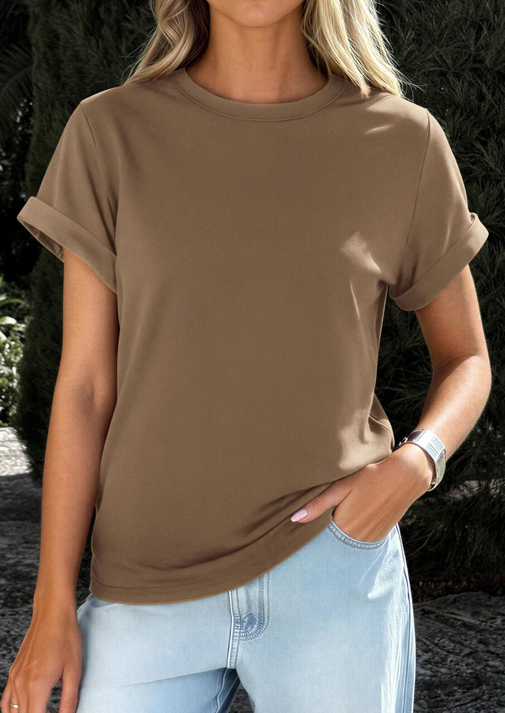 PRETTYGARDEN Womens Summer Tops Spring Casual Rolled Short Sleeve Basic Tees Crew Neck Work Shirts Fashion Clothing