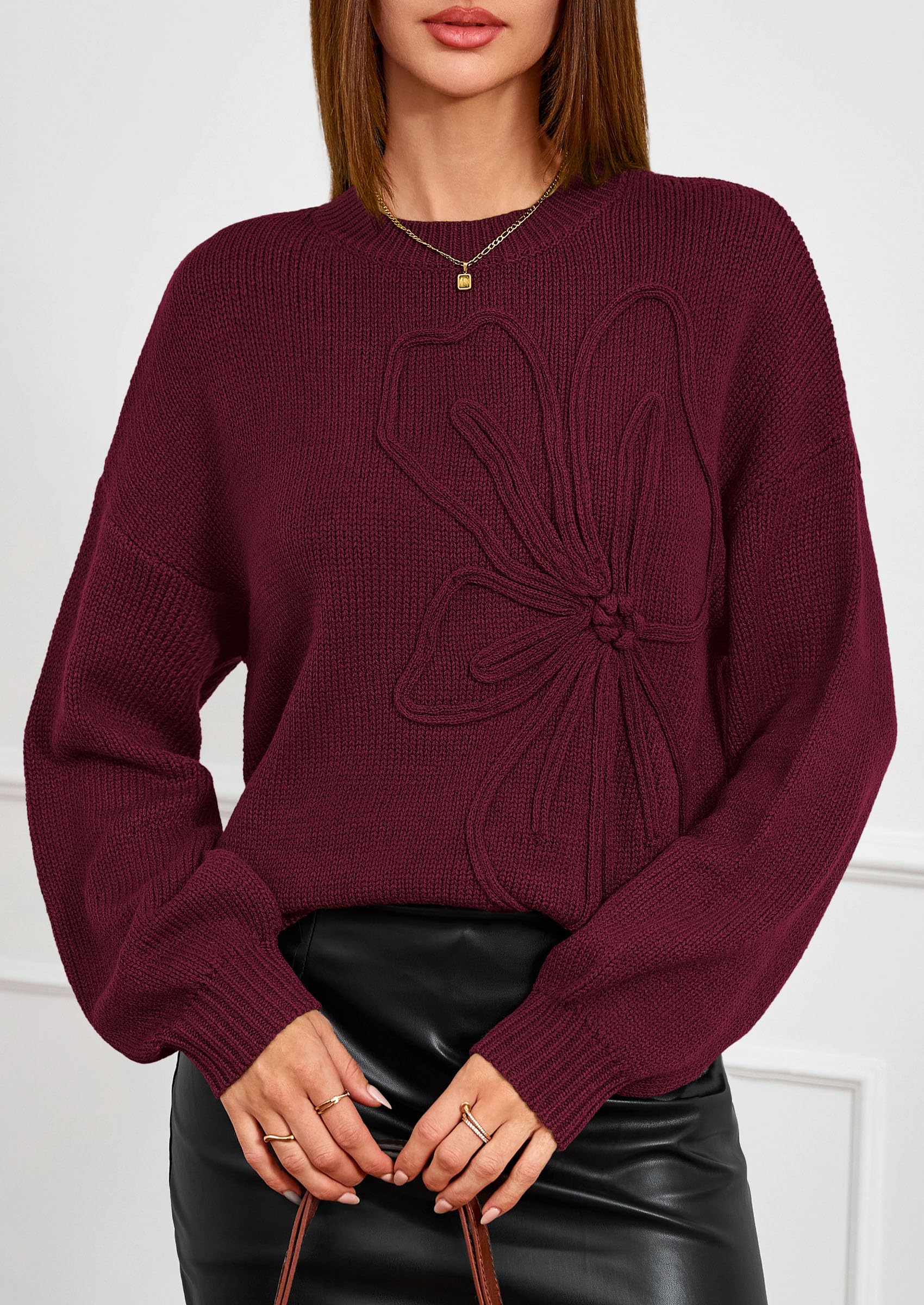 PRETTYGARDEN Womens Sweaters  Fall Fashion Long Sleeve Crewneck Floral Knit Pullover Sweater Tops Winter Clothes