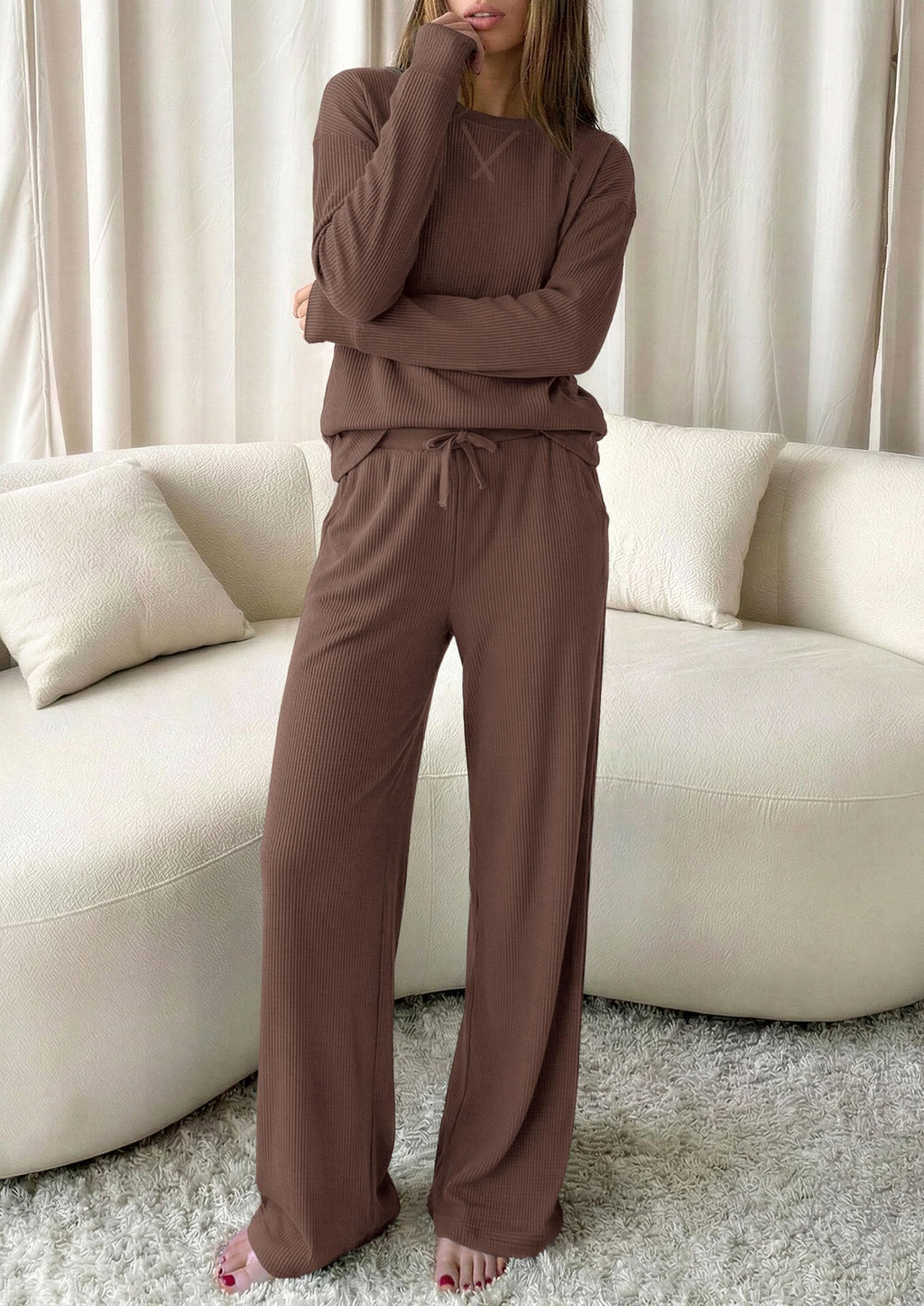 PRETTYGARDEN Sweatsuits Women 2 Piece Airport Travel Outfits | Ribbed Knit Lounge Sets, Casual Athleisure Wear, Matching Long Sleeve Shirts & Wide Leg Pants Pockets, Fall Winter Clothes