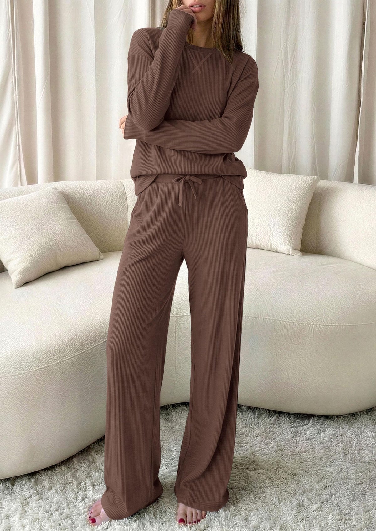 PRETTYGARDEN Sweatsuits Women 2 Piece Airport Travel Outfits | Ribbed Knit Lounge Sets, Casual Athleisure Wear, Matching Long Sleeve Shirts & Wide Leg Pants Pockets, Fall Winter Clothes