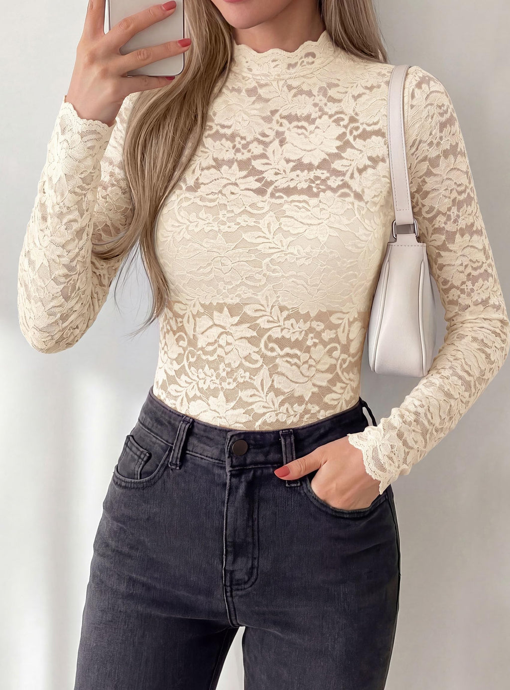 PRETTYGARDEN Womens Lace Long Sleeve Tops Sheer Mesh Blouse | Mock Neck Floral See Through, Slim Fitted, Soft Stretchy Elegant, Going Out Concert, Club Party Outfits, Fall Fashion Clothes