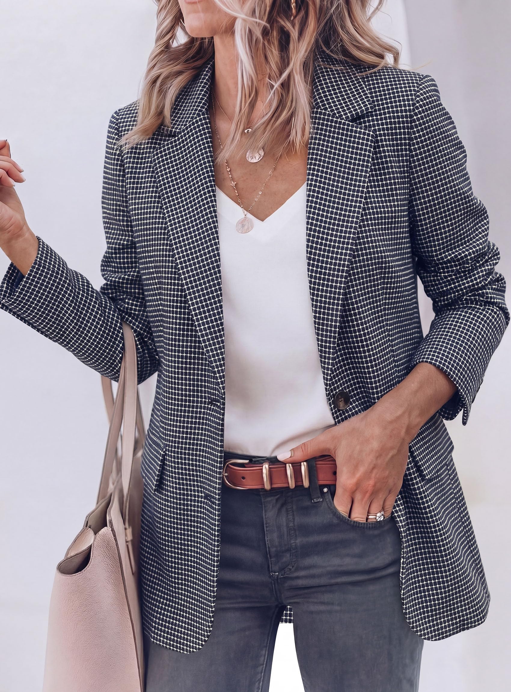 PRETTYGARDEN Fall Blazers for Women Business Casual | Long Sleeve Plaid Houndstooth, Notch Lapel Pockets, Oversized Blazer Outerwear, Trendy Suit Jackets, 2026 Winter Work Outfits