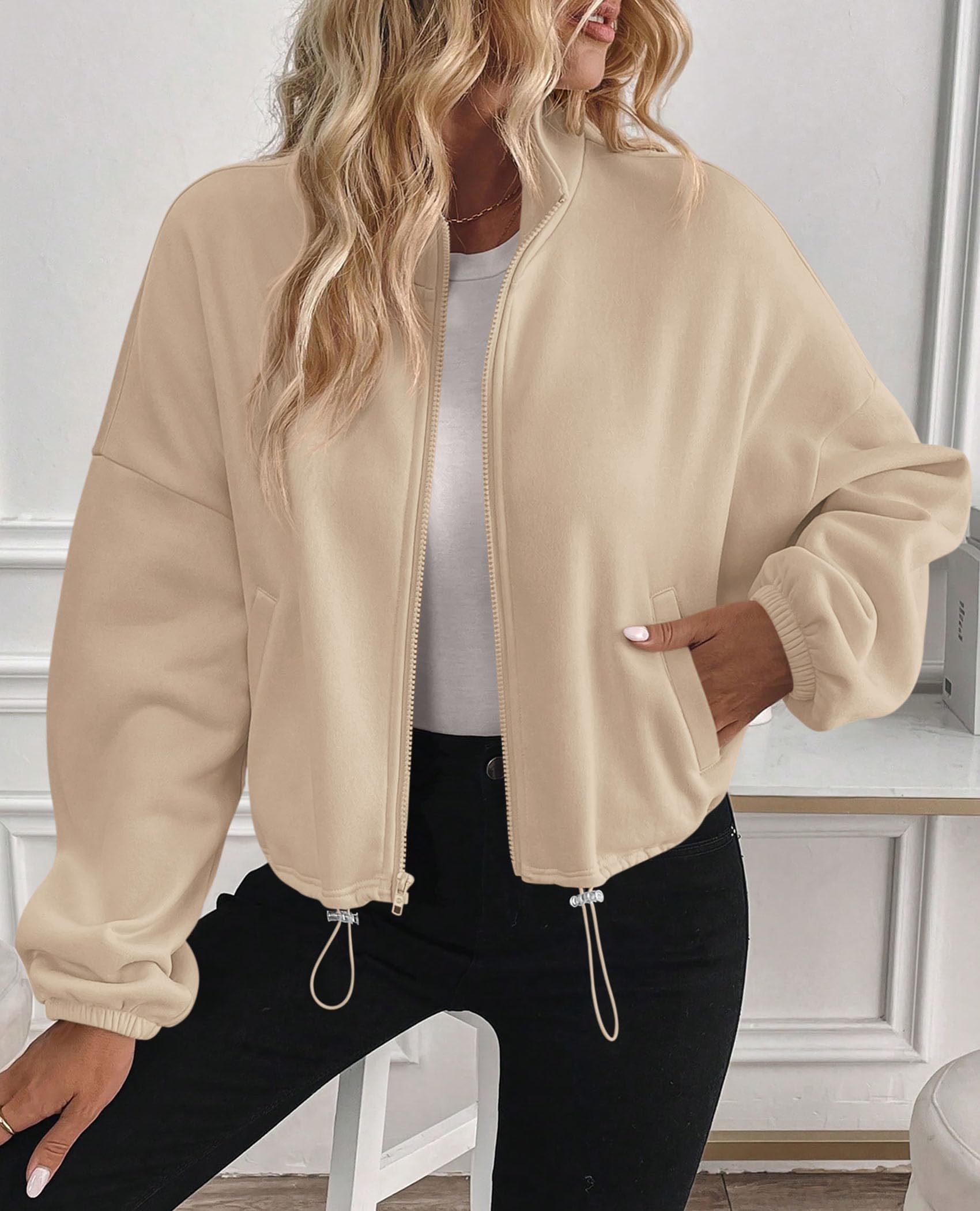 PRETTYGARDEN Womens Zip Up Fleece Cropped Sweatshirt Jacket