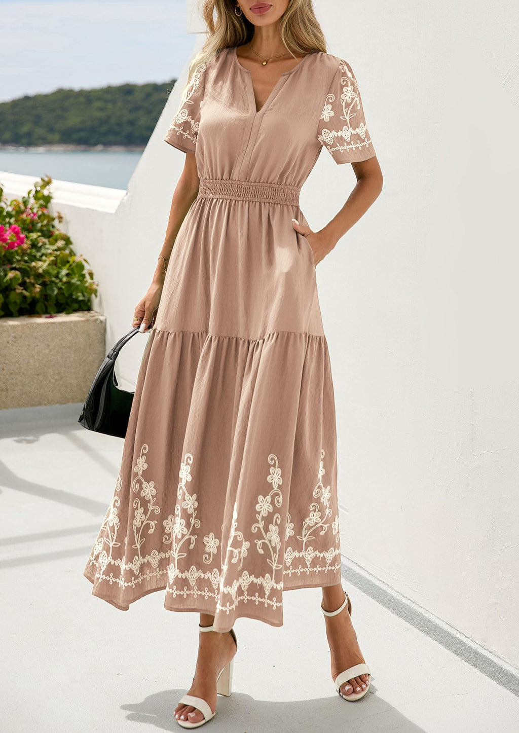 PRETTYGARDEN Women's Summer Boho Maxi Dress Spring Floral Short Sleeve V Neck A Line Flowy Beach Wedding Guest Dresses