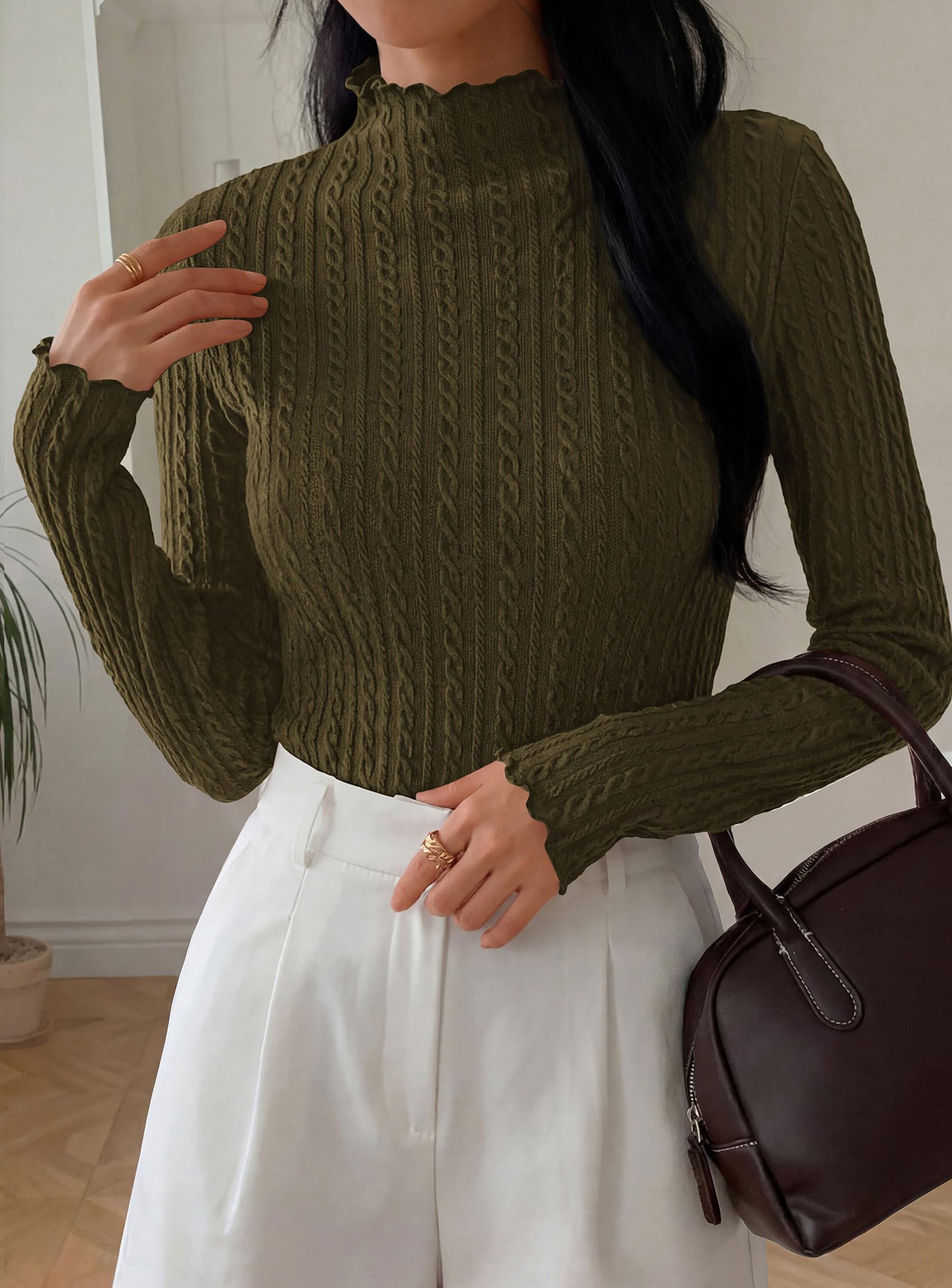 PRETTYGARDEN Women's Fall Long Sleeve Fitted Shirts | Comfy Stretchy Cable Knit, Trendy Lettuce Trim Mock Neck, Casual Basic Tees, Cute Layering Tops, 2026 Fashion Clothing