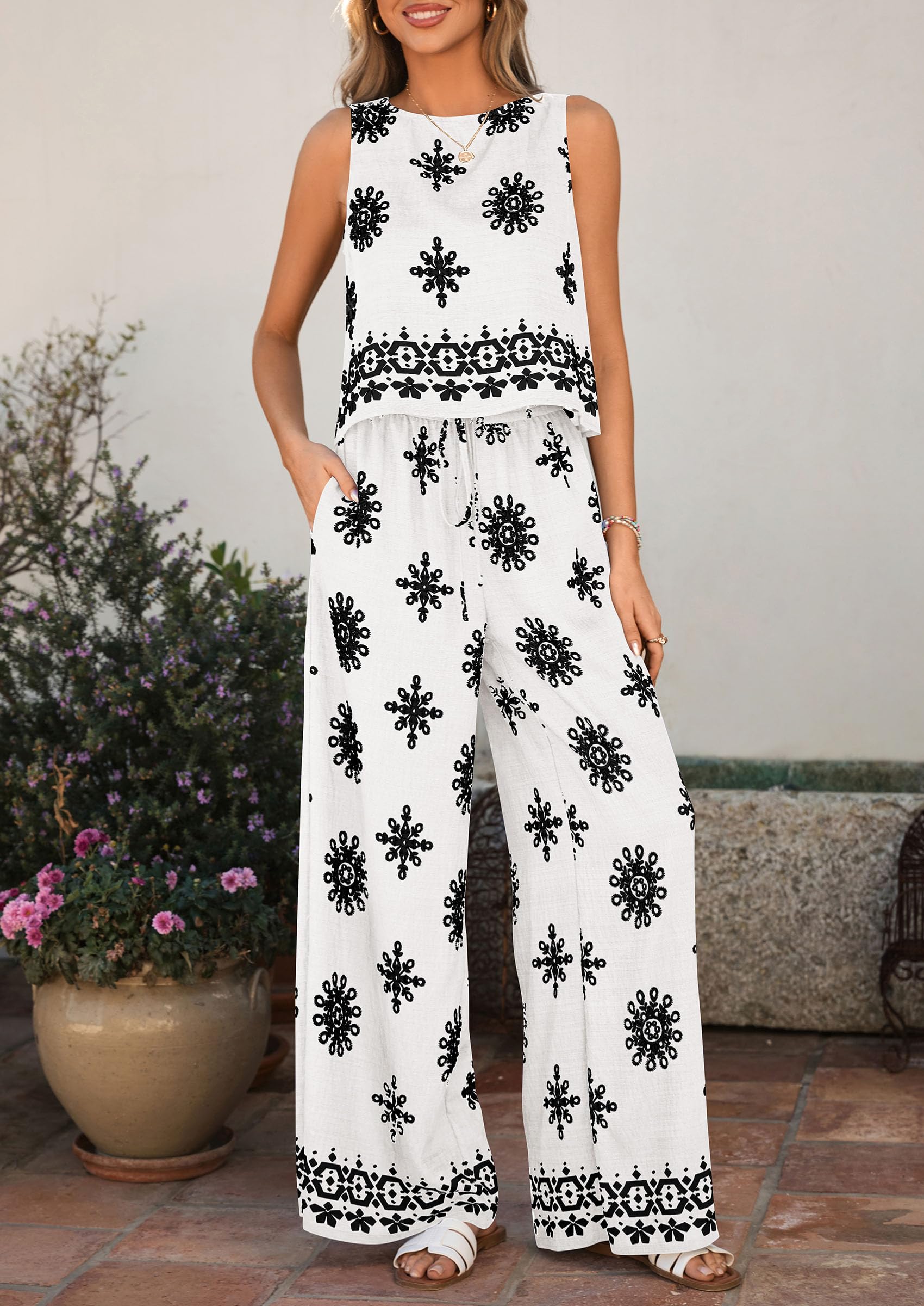 PRETTYGARDEN Women's Summer 2 Piece Lounge Sets Boho Floral Tank Tops Flowy Wide Leg Pants Travel Beach Vacation Outfits