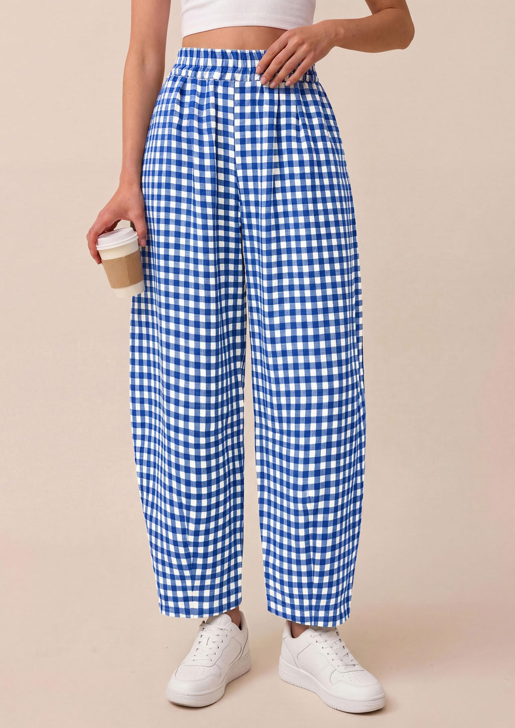 PRETTYGARDEN Plaid Barrel Pants Women Summer Casual Loose Wide Leg Lounge Gingham Trousers Spring Fashion Beach Bottoms