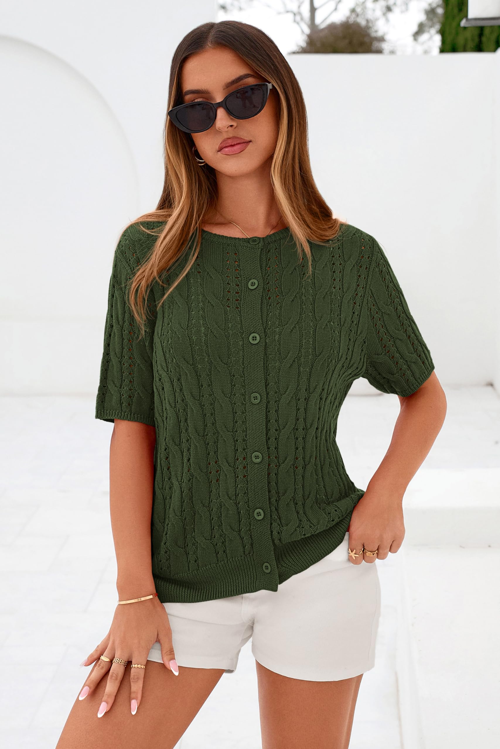FreshPretty  Women Summer Cable Knit Crochet Cardigan Sweaters Casual Button Short Sleeve Sweater Cute Beach Hollow Out Knit Top