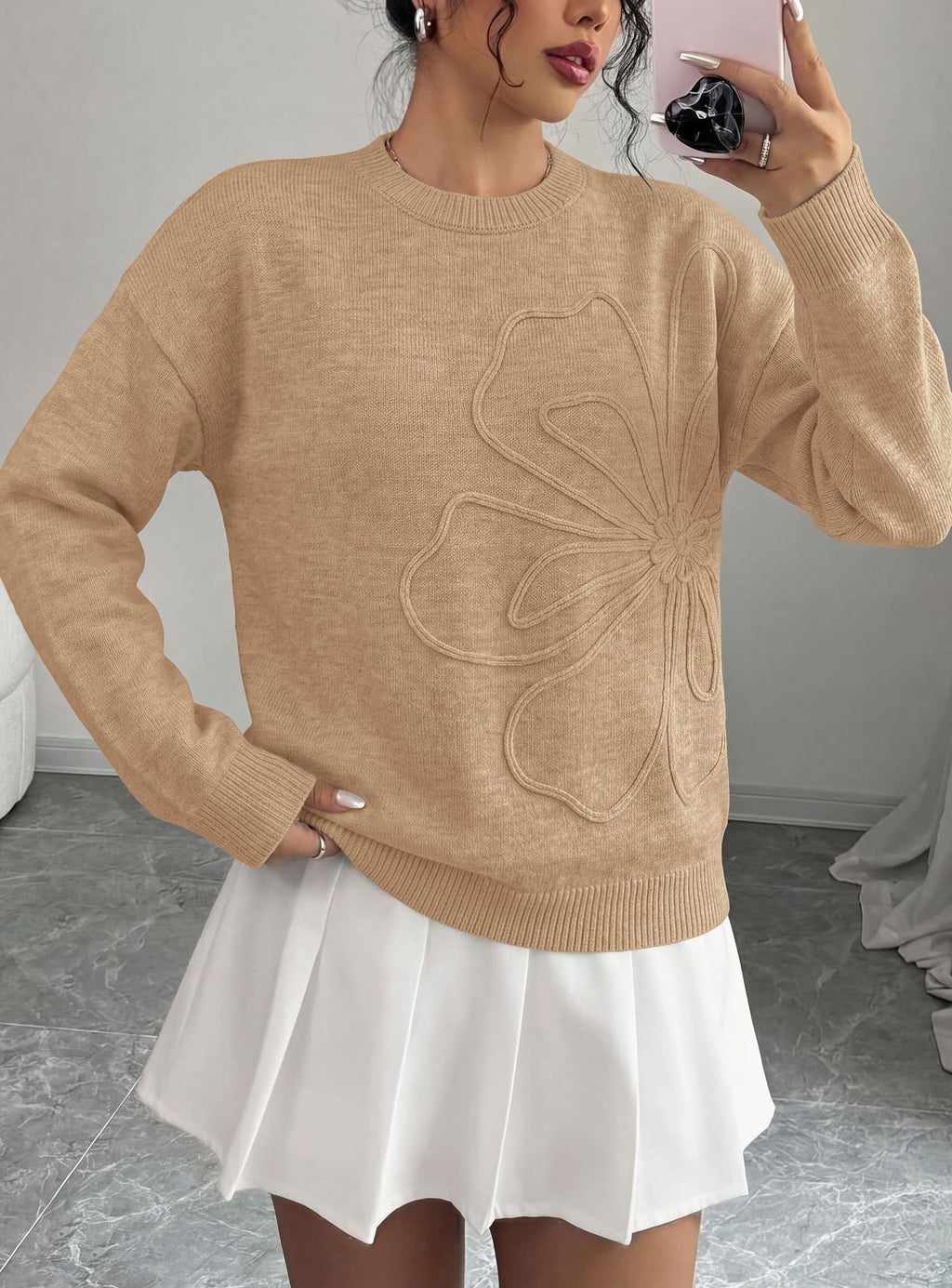 PRETTYGARDEN Women Fall Sweaters Trendy Floral Knit Pullover | Flower Embroidered Tops, Crew Neck, Soft Long Sleeve Shirts, Cozy Winter Layering Clothes for Casual Outing, Holiday Party