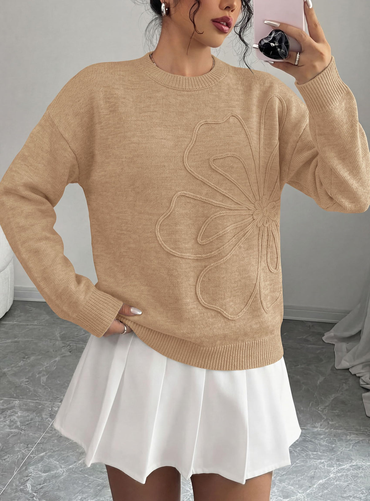 PRETTYGARDEN Women Fall Sweaters Trendy Floral Knit Pullover | Flower Embroidered Tops, Crew Neck, Soft Long Sleeve Shirts, Cozy Winter Layering Clothes for Casual Outing, Holiday Party