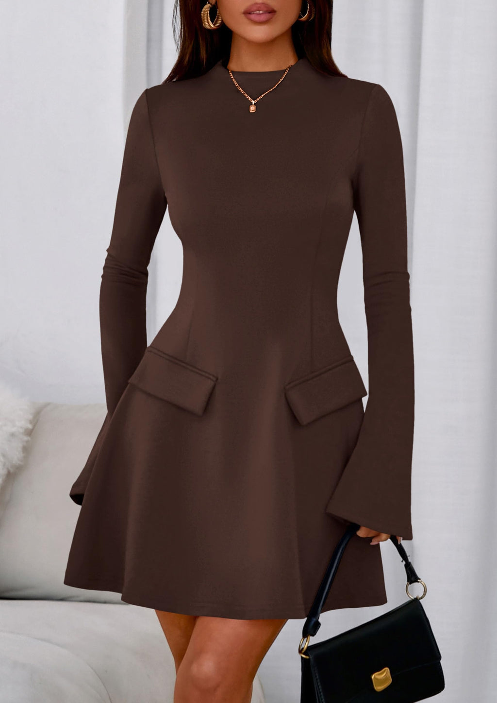 PRETTYGARDEN Women's Elegant Holiday Short Dress  Fall Bell Long Sleeve Mock Neck Work Business Casual Party Mini Dress