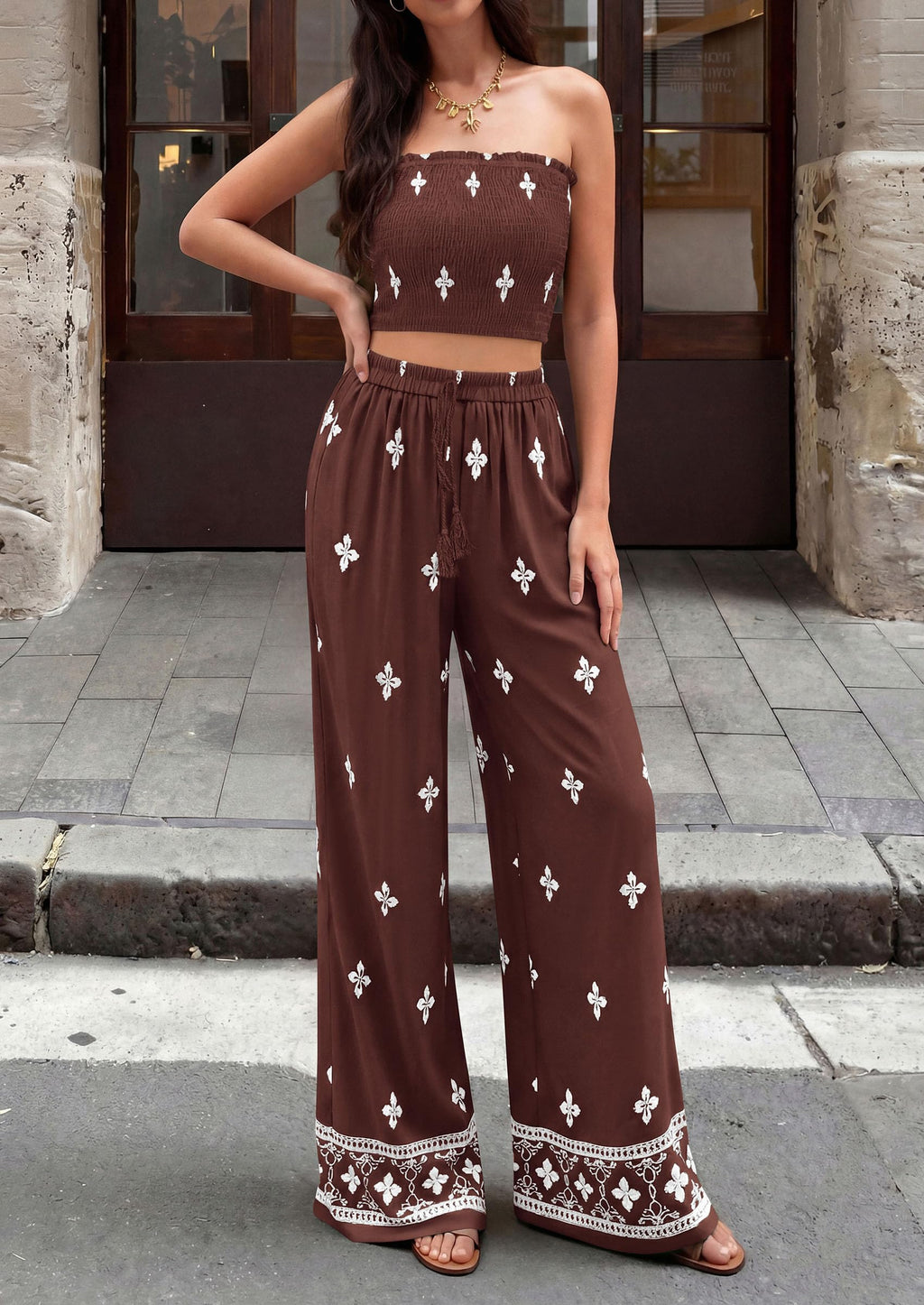 PRETTYGARDEN 2 Piece Sets for Women Summer  Travel Outfits Print Tube Tops Wide Leg Pants Beach Vacation Clothes
