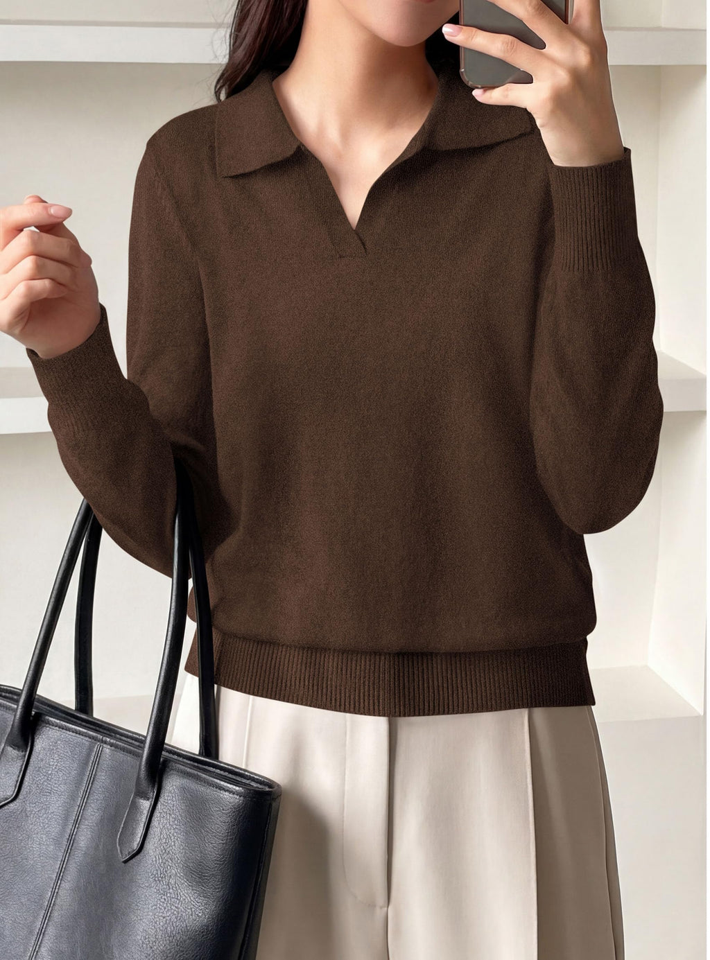 PRETTYGARDEN Womens Long Sleeve Collared Polo Sweater | Breathable Soft Ribbed Knit, Lapel V Neck Pullover Sweaters, Business Casual Work Office Tops, 2026 Trendy Fall Outfits