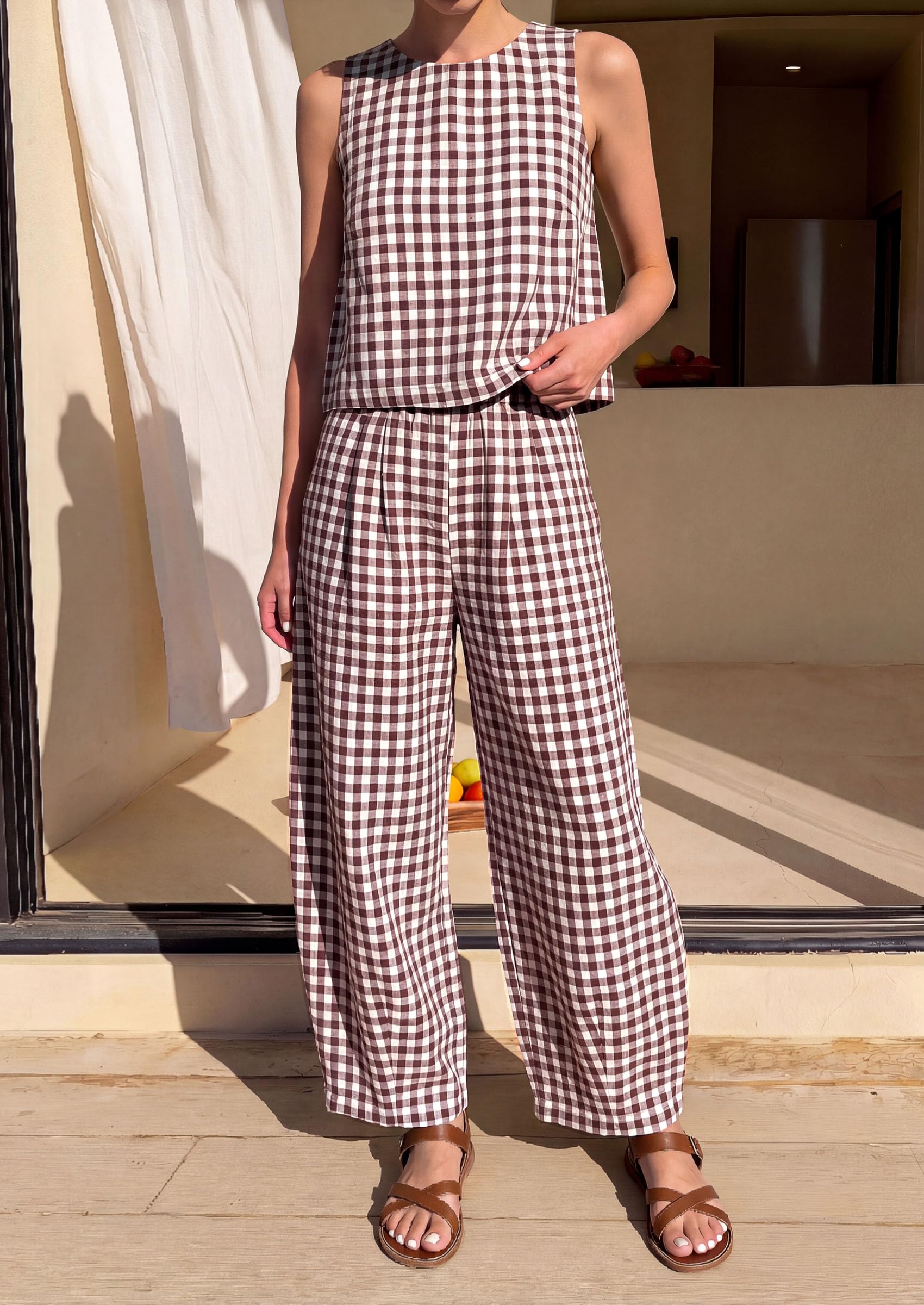 PRETTYGARDEN Womens 2 Piece Sets Summer Plaid Sleeveless Tops Wide Leg Pants Matching Lounge Set Beach Vacation Outfits
