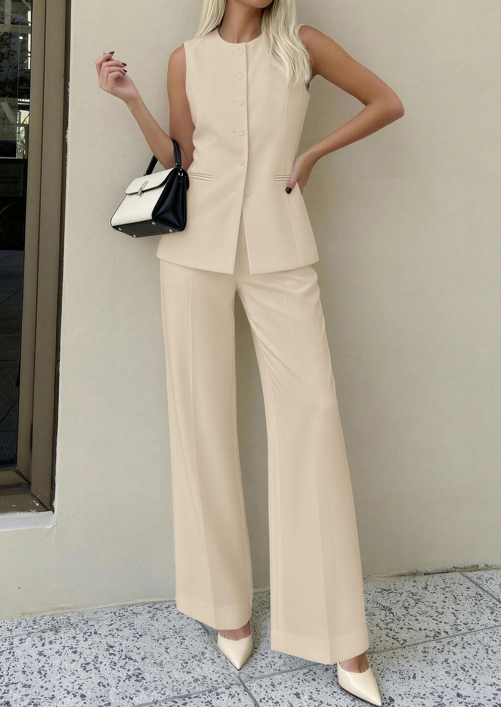 PRETTYGARDEN Women's 2 Piece Sets Summer  Work Clothes Sleeveless Blazer Vest Pants Suits Spring Business Casual Outfits