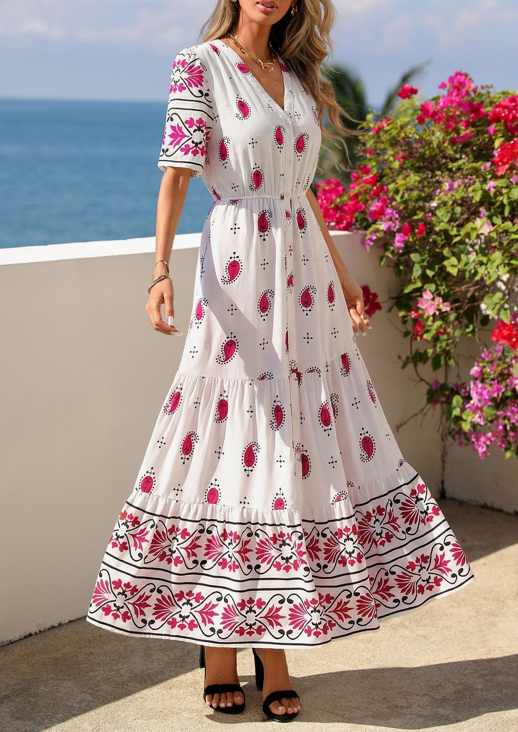 PRETTYGARDEN Womens Summer Boho Maxi Dress Trendy Short Sleeve V Neck Flowy Beach Floral Dresses with Pockets