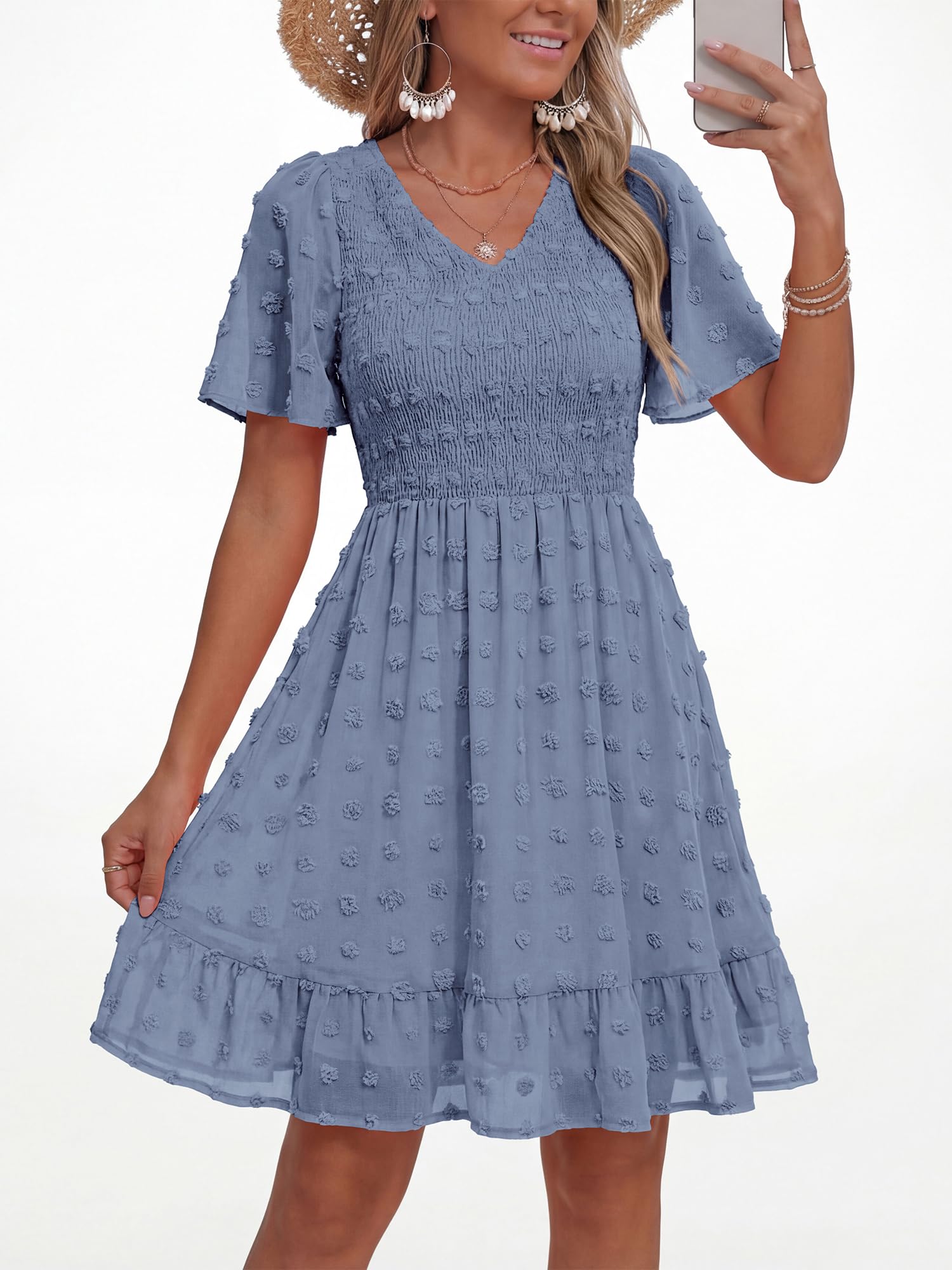 FreshPretty Womens Beach Vacation Dress Summer V Neck Short Sleeve Smocked Swiss Dot Ruffle Casual Mini Spring Dresses