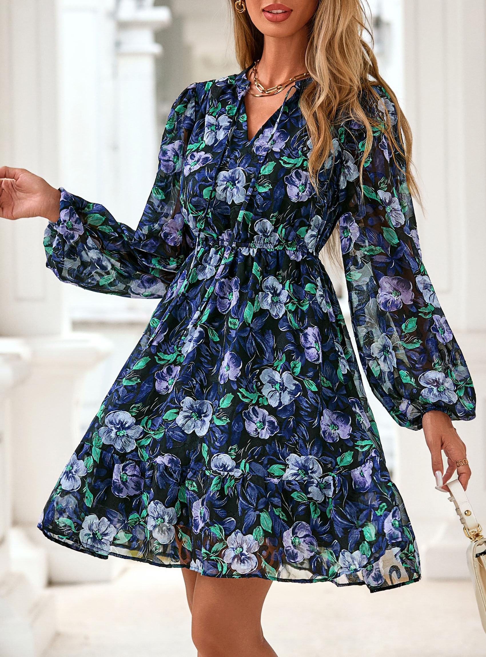 PRETTYGARDEN Women's Fall Boho Dresses  Floral Long Sleeve V Neck Mini Flowy Wedding Guest Dress Trendy Vacation Outfits