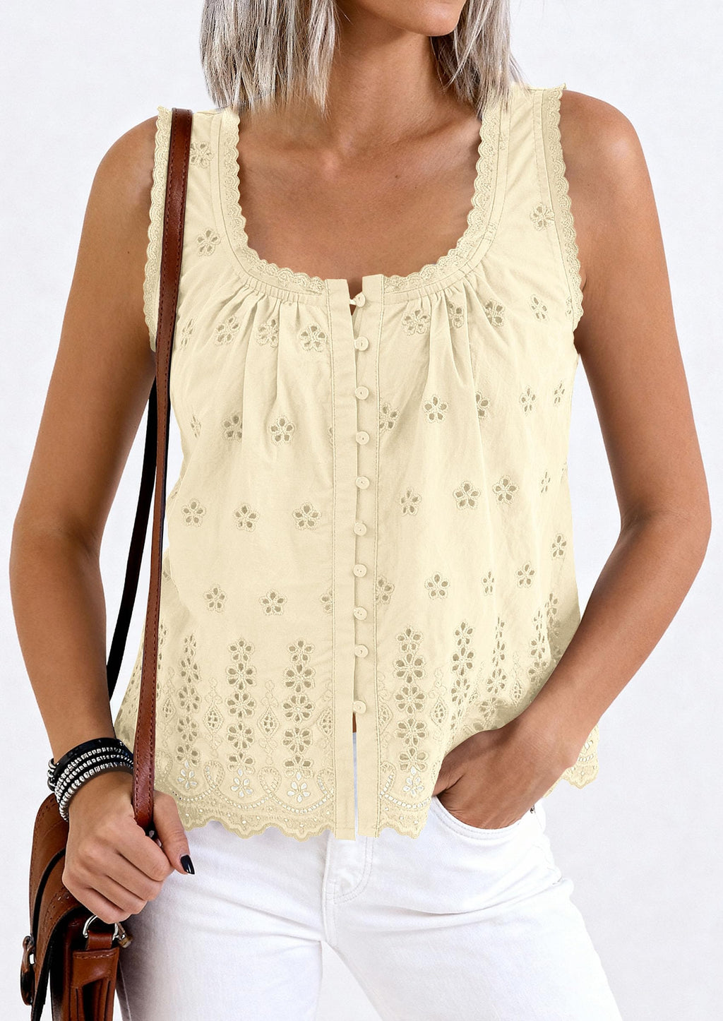PRETTYGARDEN Womens Tank Tops 2026 Summer Button Down Shirts Embroidered Eyelet Dressy Casual Blouses Beach Vacation Clothes