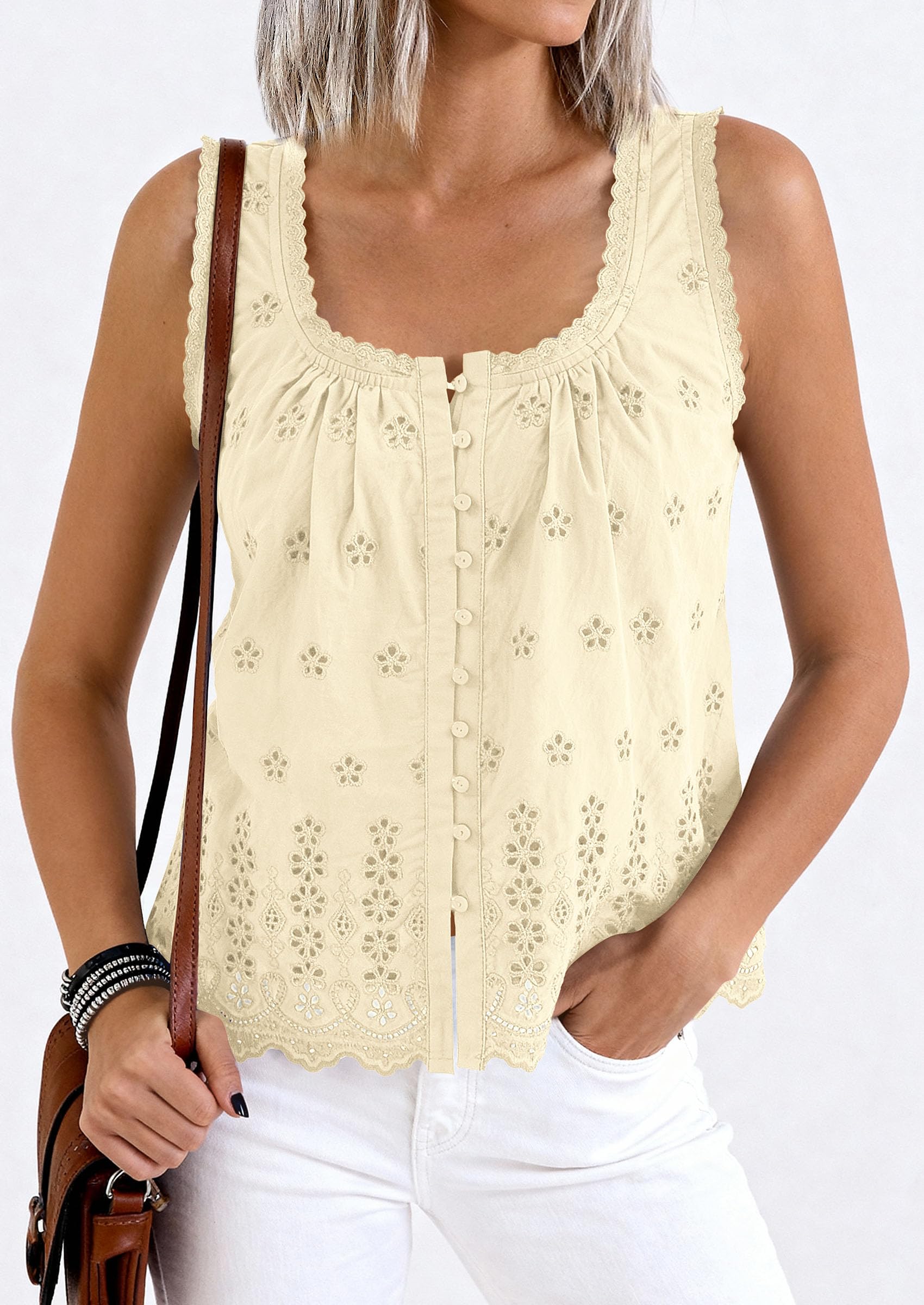 PRETTYGARDEN Womens Tank Tops 2026 Summer Button Down Shirts Embroidered Eyelet Dressy Casual Blouses Beach Vacation Clothes