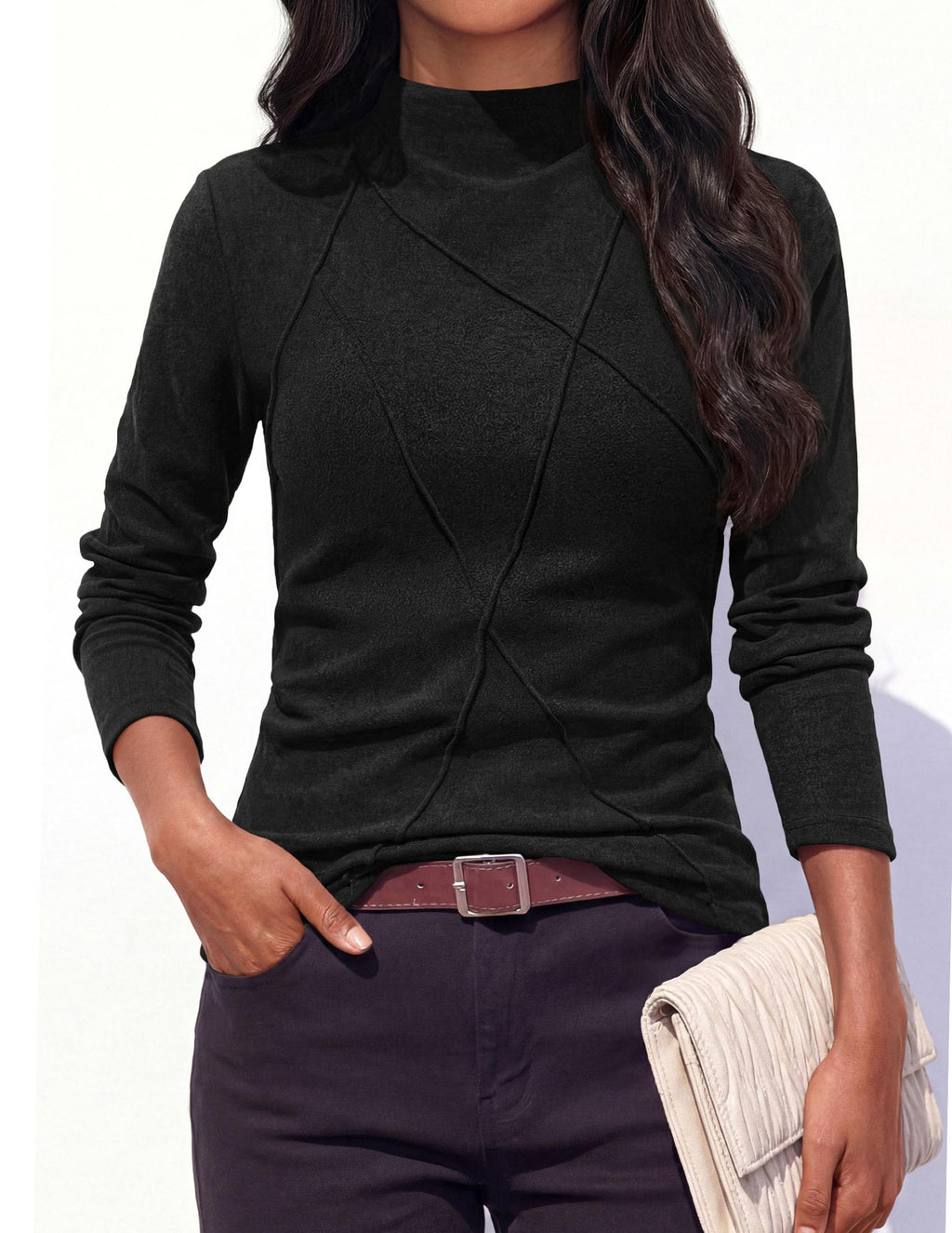 PRETTYGARDEN Women's Fall Mock Neck Long Sleeve Shirts | Soft Stretchy Knit,Geometric Seam Stitching,Slim Fitted Basic Tees,Thermal Casual Wear,Daily Work Layering Winter Tunic Top