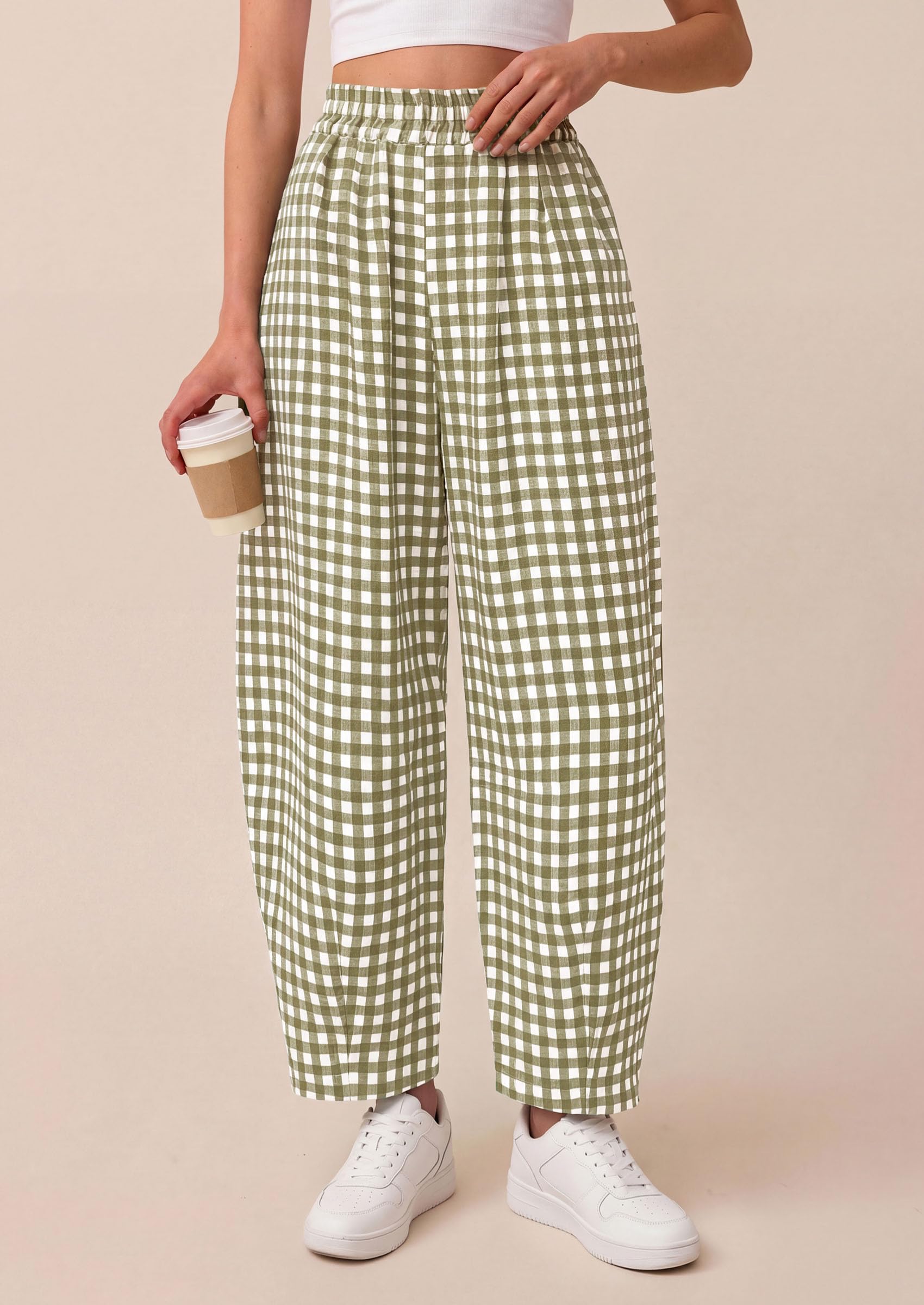 PRETTYGARDEN Plaid Barrel Pants Women Summer Casual Loose Wide Leg Lounge Gingham Trousers Spring Fashion Beach Bottoms