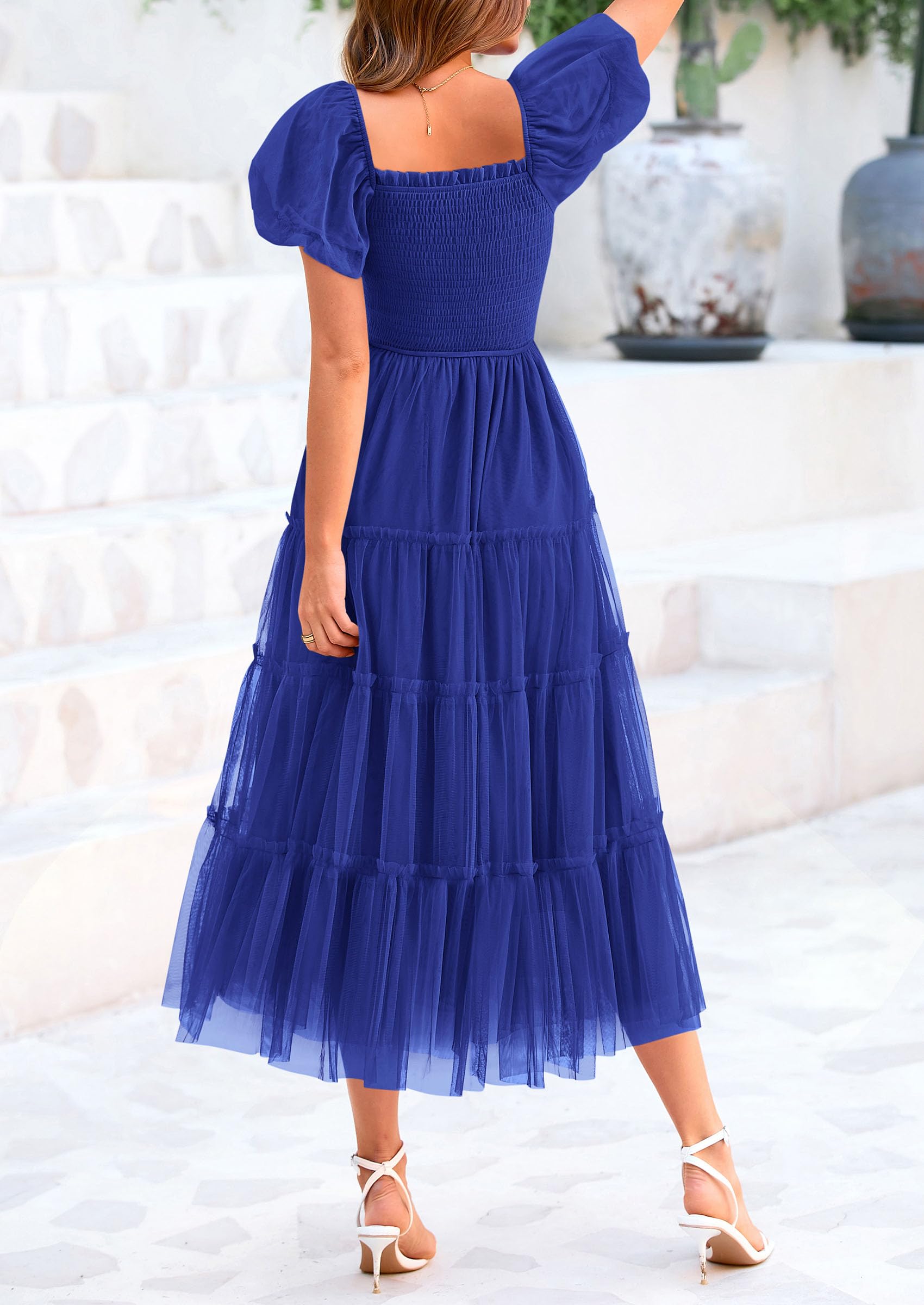PRETTYGARDEN Women's Smocked Midi Tulle Dress  Summer Puffy Short Sleeve Square Neck Ruffle Wedding Guest Party Dresses