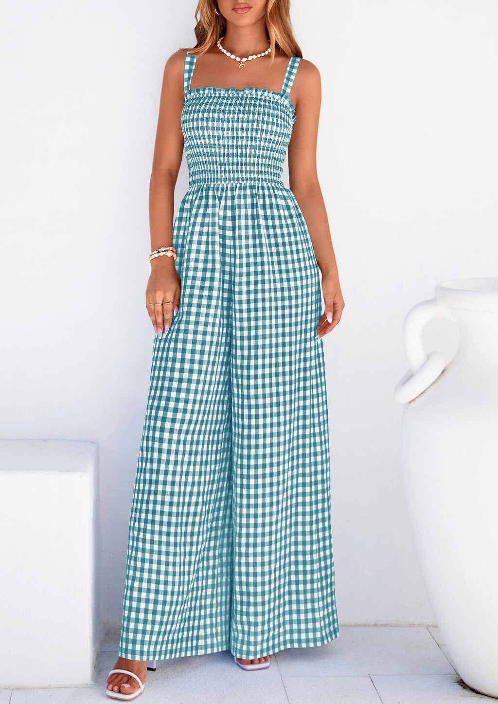 PRETTYGARDEN One Piece Jumpsuits for Women Casual Summer Cruise Outfits  Spring Fashion Smocked Wide Leg Gingham Rompers