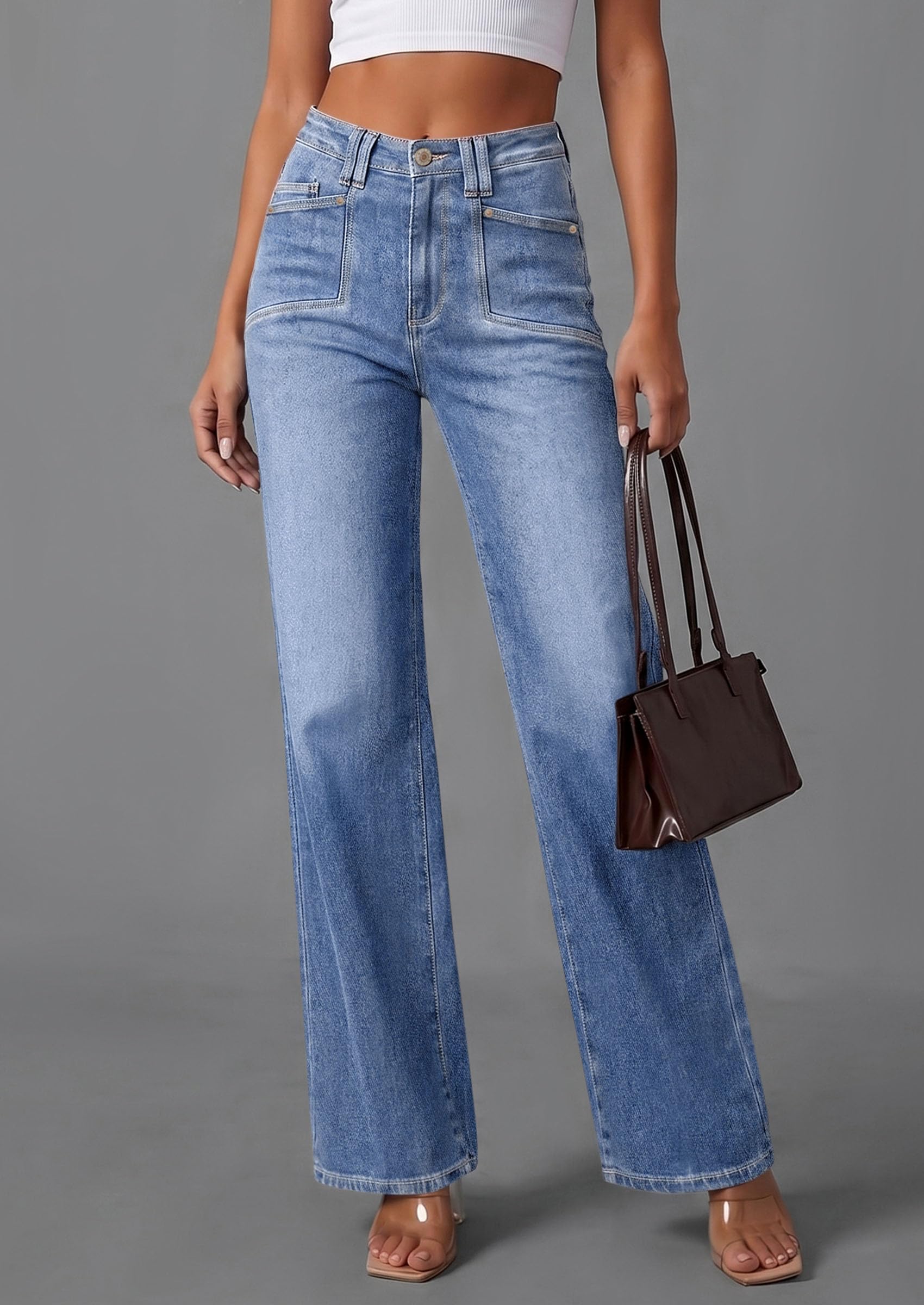 PRETTYGARDEN High Waisted Wide Leg Jeans for Women 2026 Trendy | Classic Straight Baggy Fit, Stretchy Denim Pants with Pockets, Casual Daily Work Going Out, All Season Wear