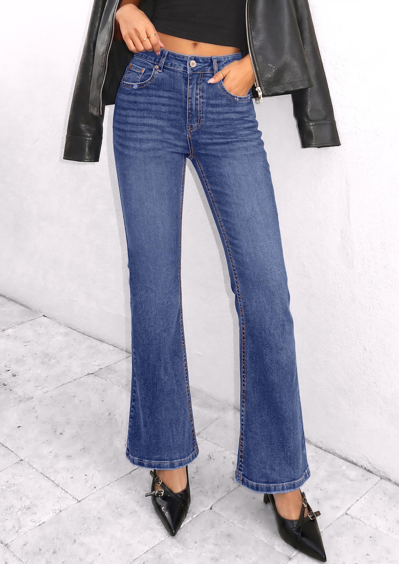 PRETTYGARDEN Womens Bootcut Denim Jeans Wide Leg Pants | Stretchy, High Waisted Rise, Flare Bell Bottom, Pockets, Trendy Casual, Going Out Outfits, Fall Winter Fashion Clothing