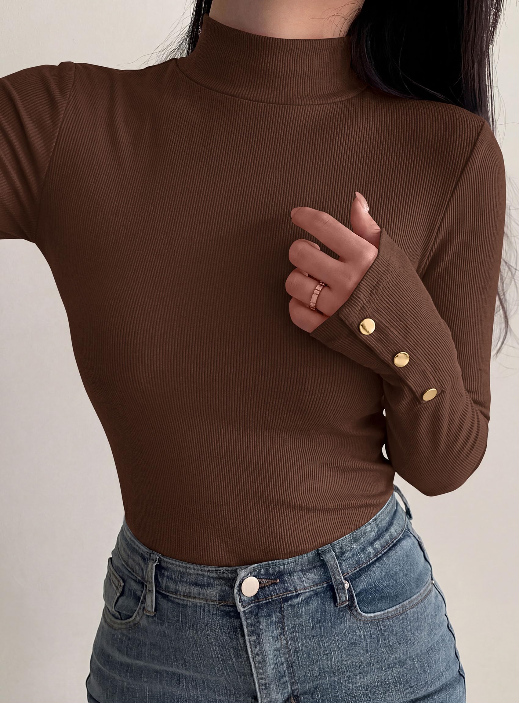 PRETTYGARDEN Women's Ribbed Mock Neck Long Sleeve Tops | Slim Fitted T-Shirts, Soft Stretch, Decorative Buttons, Going Out Work Casual Wear, Fall Outfits Layering Winter Clothes