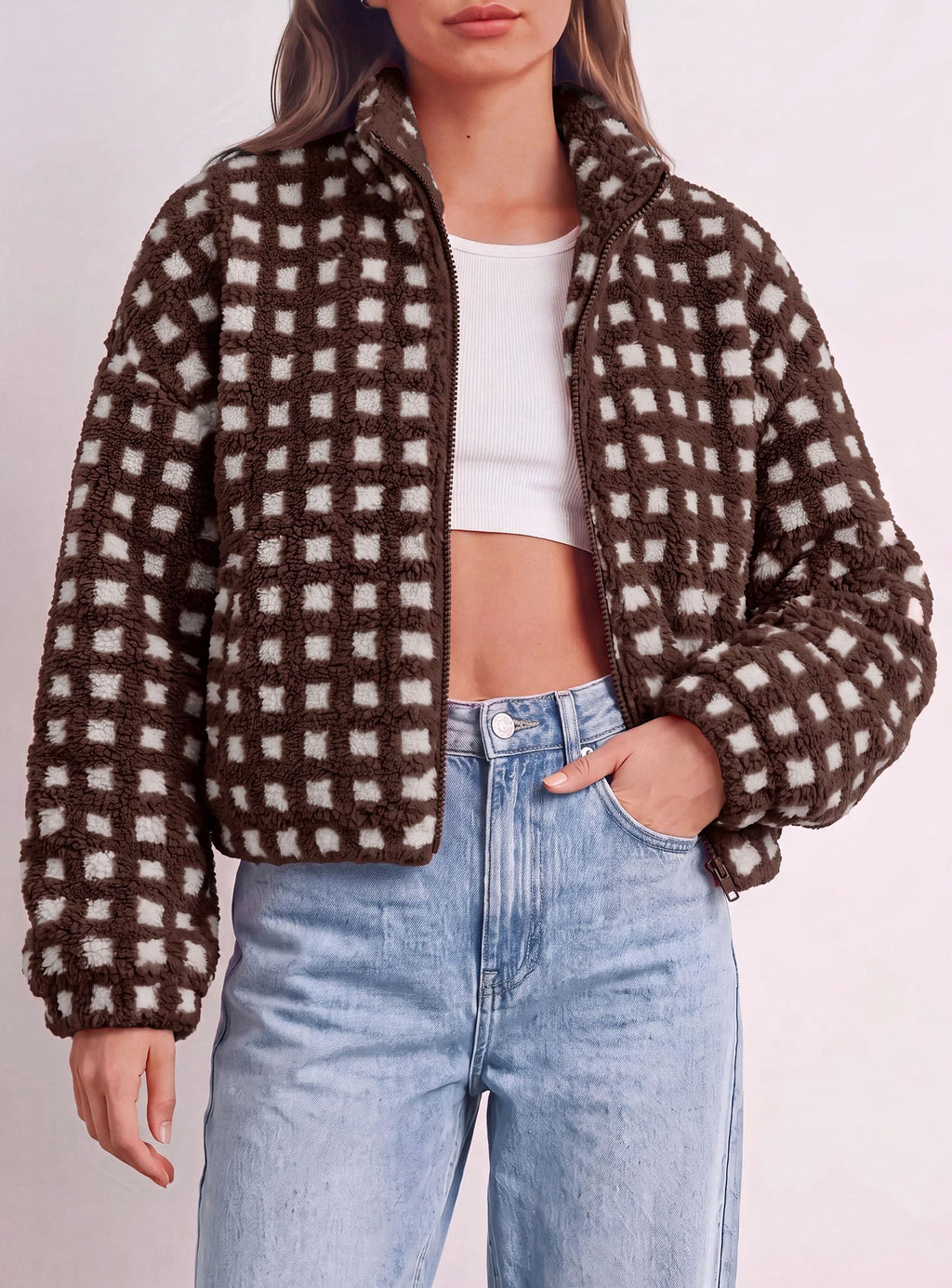 PRETTYGARDEN Women's Gingham Sherpa Fleece Jacket Plaid Cropped Teddy Coat Trendy Y2K Winter Jacket, Zip Up Stand Collar, Side Pockets, Fall Outfit for Casual Daily, Going Out, Streetwear, Outdoor
