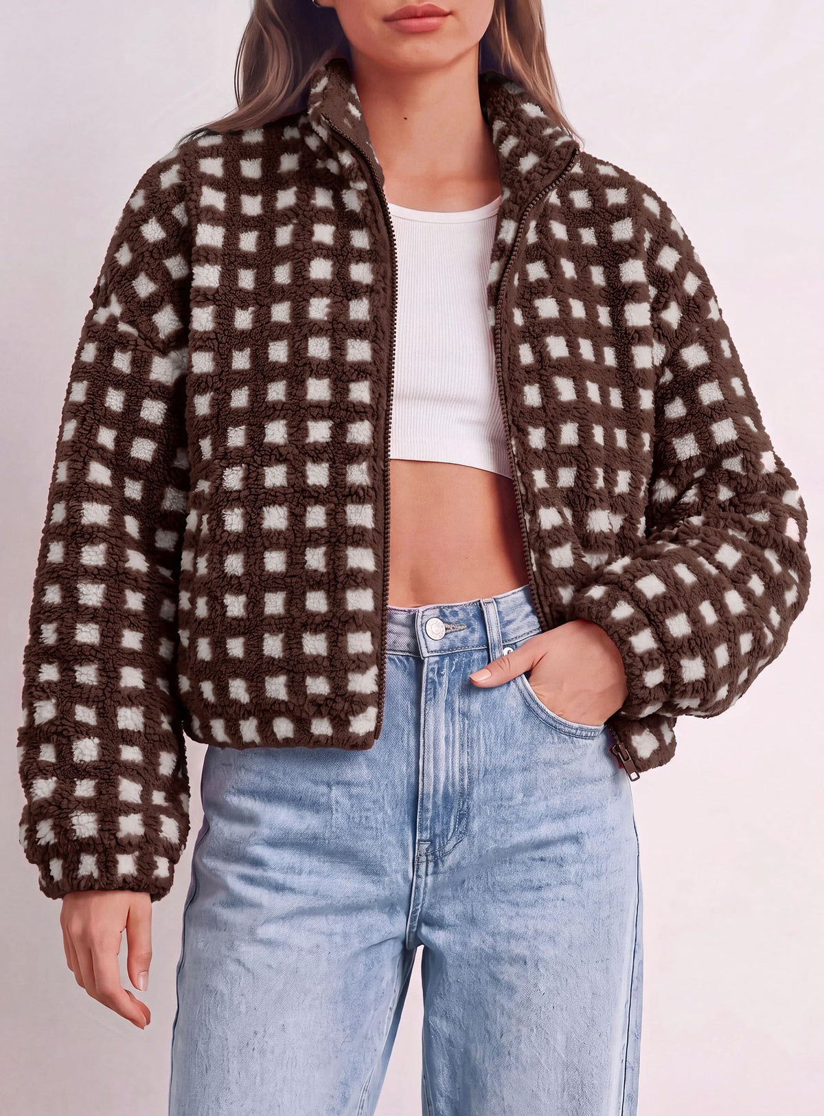 PRETTYGARDEN Women's Gingham Sherpa Fleece Jacket Plaid Cropped Teddy Coat Trendy Y2K Winter Jacket, Zip Up Stand Collar, Side Pockets, Fall Outfit for Casual Daily, Going Out, Streetwear, Outdoor