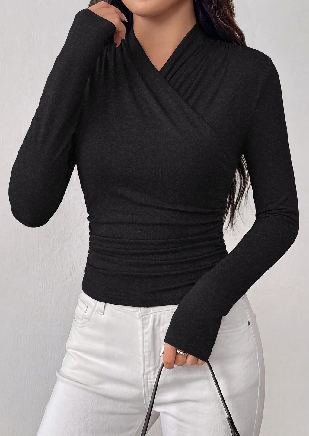 PRETTYGARDEN Womens Long Sleeve Shirts Going Out Wrap Top | Soft Heathered Stretchy Viscose Fitted Blouse, V Neck Ruched Waist Dressy Tops, Office Business Casual Fall Winter Daily Wear