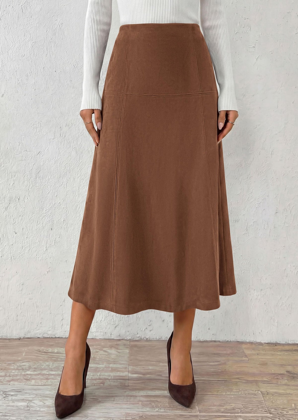 PRETTYGARDEN Womens High Waist Faux Suede A Line Midi Skirt | Hidden Stretch Elastic Waist, Front Back Panel Stitching, Vintage Elegant Mid-Calf Long Skirts for Fall Winter Office Daily