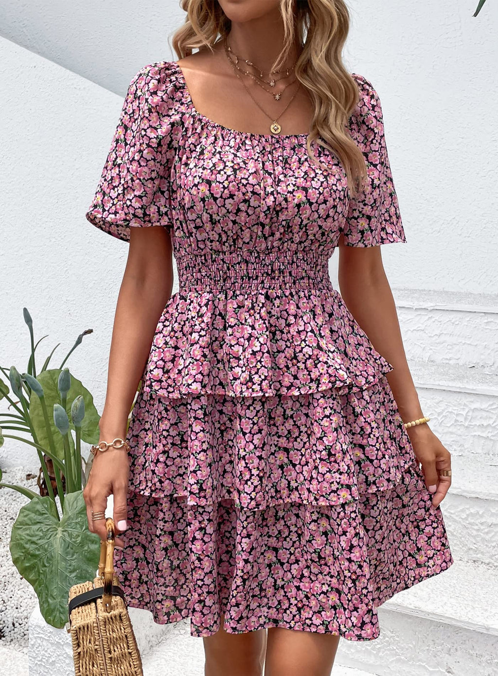 PRETTYGARDEN Women's  Floral Summer Short Dress Square Neck Short Sleeve Tiered Ruffle Boho Swing Dresses