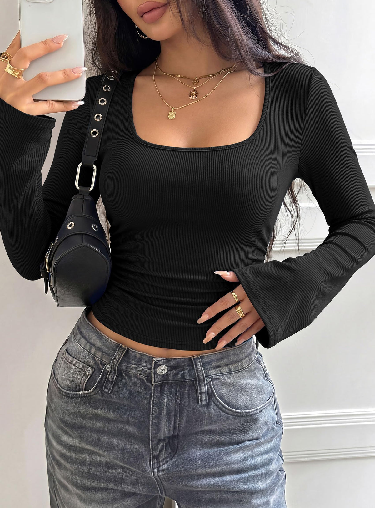PRETTYGARDEN Womens Bell Long Sleeve Shirts Going Out Tops | Soft Stretchy Ribbed Knit, Square Neck, Slim Fit Y2K Clothes, Trendy Side Ruched, Layering Tee for Casual Fall & Winter Wear