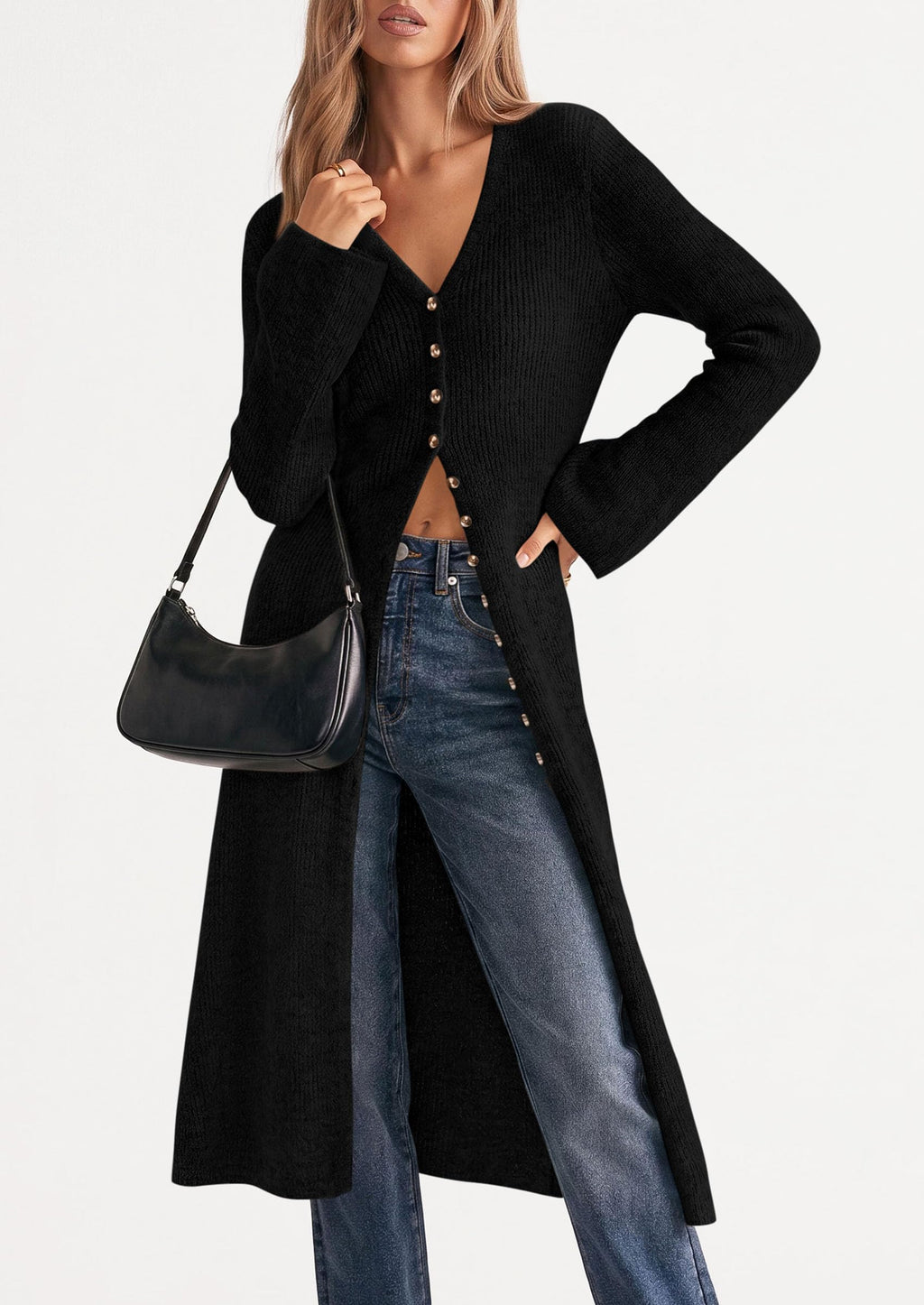 PRETTYGARDEN Women Long Cardigan Bell Sleeve Sweater Dress Early Fall Fashion, V Neck Button Down Coats, Fit and Flare, Duster Sweater, Acrylic Cotton Blend