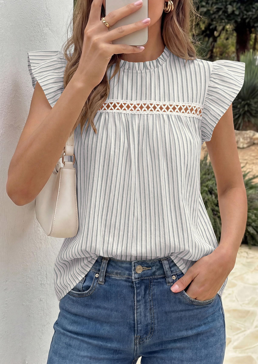 PRETTYGARDEN Striped Shirt Womens Summer Tops  Spring Business Casual Work Dressy Crochet Lace Ruffle Cap Sleeve Blouse