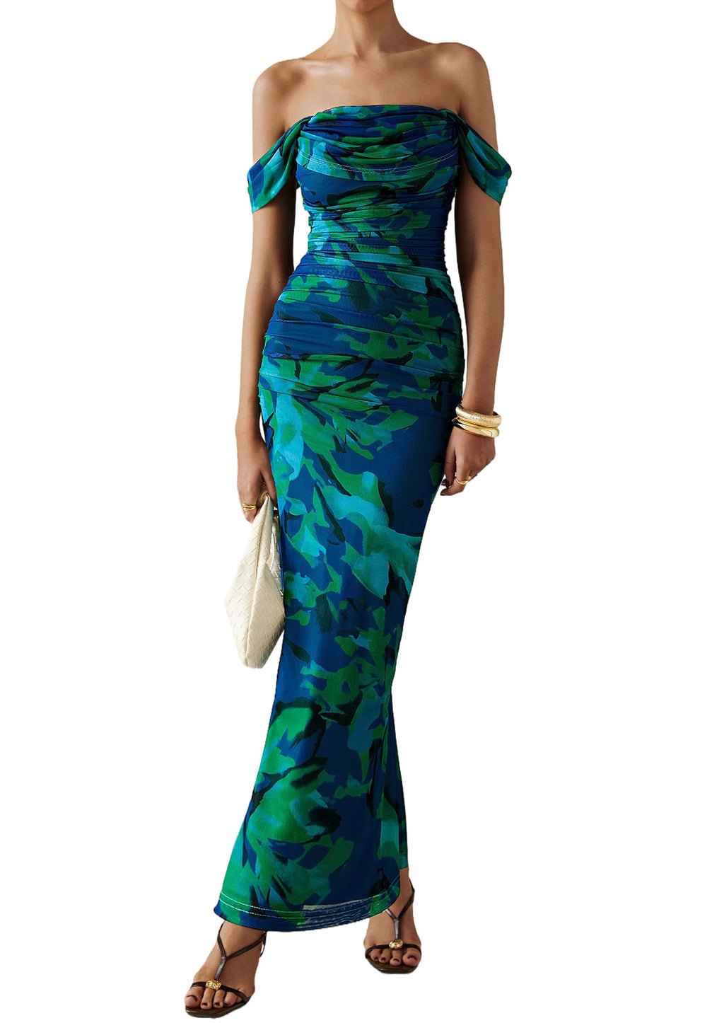 PRETTYGARDEN Cocktail Dresses for Women Summer Floral Off Shoulder Ruched Mesh Elegant Wedding Guest Maxi Dress