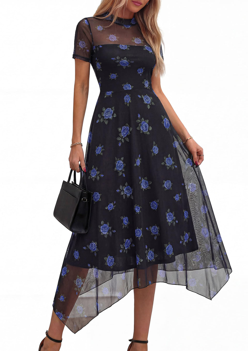 PRETTYGARDEN Cocktail Dresses for Women  Summer Short Sleeve Floral Mesh Sheer Midi Party Wedding Guest Dress
