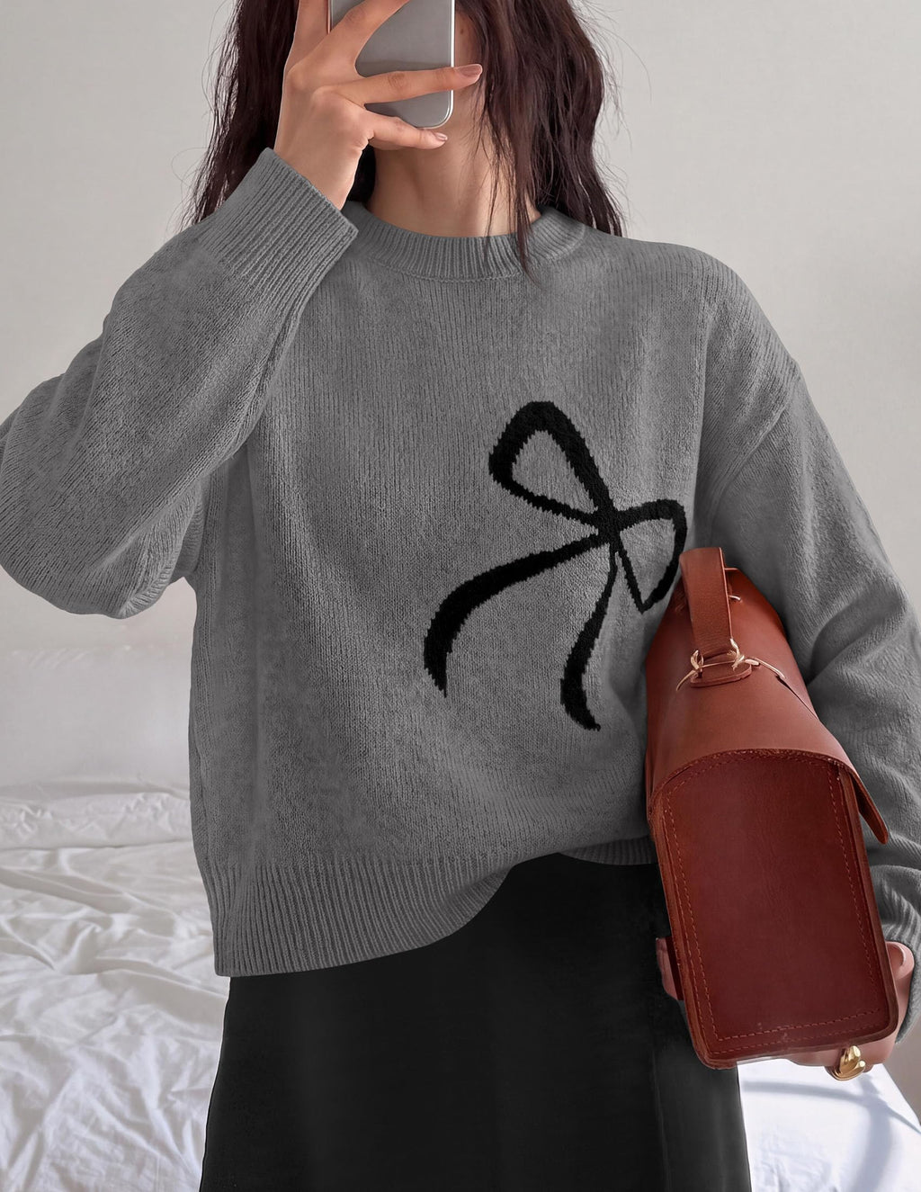 PRETTYGARDEN Womens Bow Sweater Cute Crewneck Long Sleeve Tops Fall Soft Cozy Knit Pullover,Relaxed Fit,Holiday Sweaters,Daily Wear,Work Office,Casual Going Out Y2k Tops,Winter Fashion Clothing
