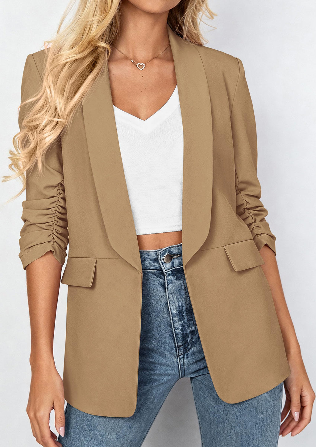 PRETTYGARDEN Women's Summer Blazers Business Casual Outfits | Ruched 3/4 Sleeve,Shawl Lapel,Collared Open Front,Padded Shoulder,Lightweight Jackets,Office Work Suits,Spring Fall Clothes