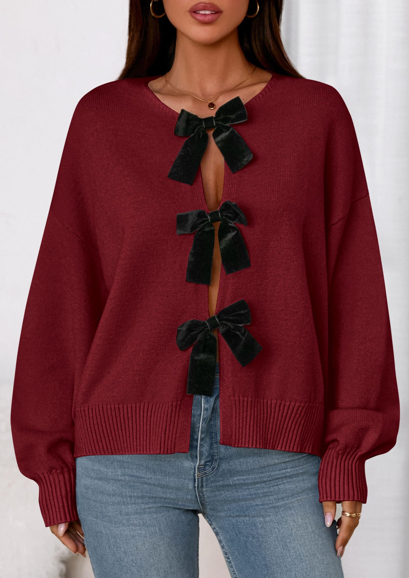 PRETTYGARDEN Cardigan Sweaters for Women Fall Fashion Bow Tie Front Long Sleeve Knit Sweater Tops Cute Winter Clothes
